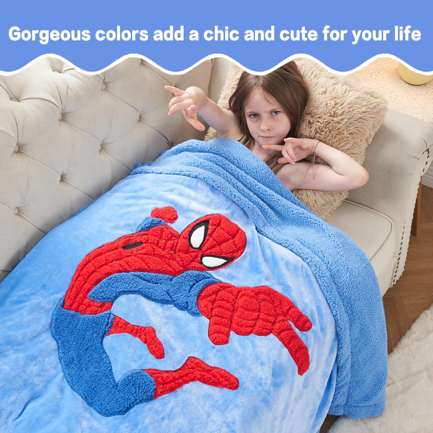 XTHHOA Kids Blanket 3D Cartoon Embroidered Sherpa Blanket Plush Warm for Boys Girls (Light Blue, (40"X50"))