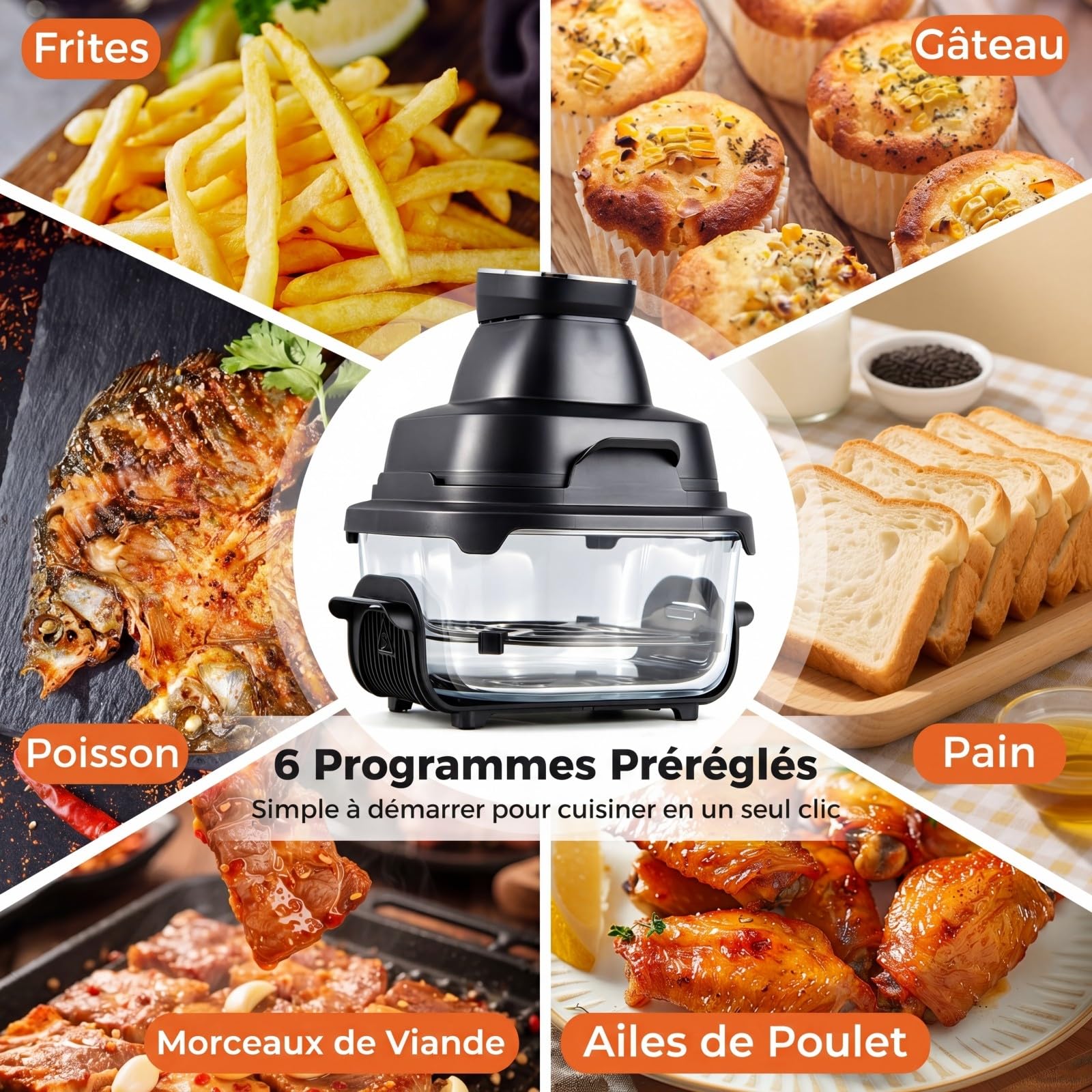 LIFEZEAL Friteuse à Air Portable en Verre 1500W avec 6 Programmes (Noir)