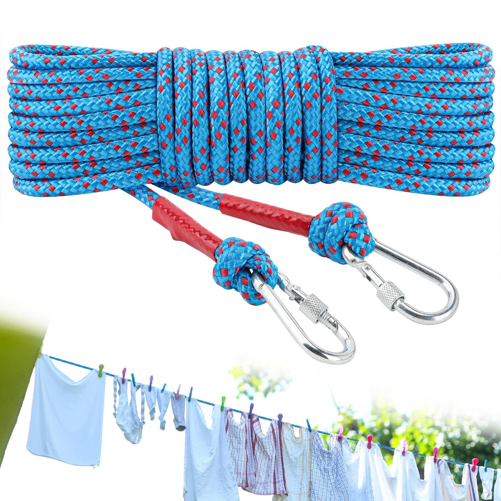 15M Polyester Washing Line Rope,10MM Heavy Duty Clothes Line with 2 Hooks,Multipurpose Strong Rope Laundry Line,Polyester Steel Core Clothesline,Washing Ropes for Outdoor Garden,Balcony,Camping