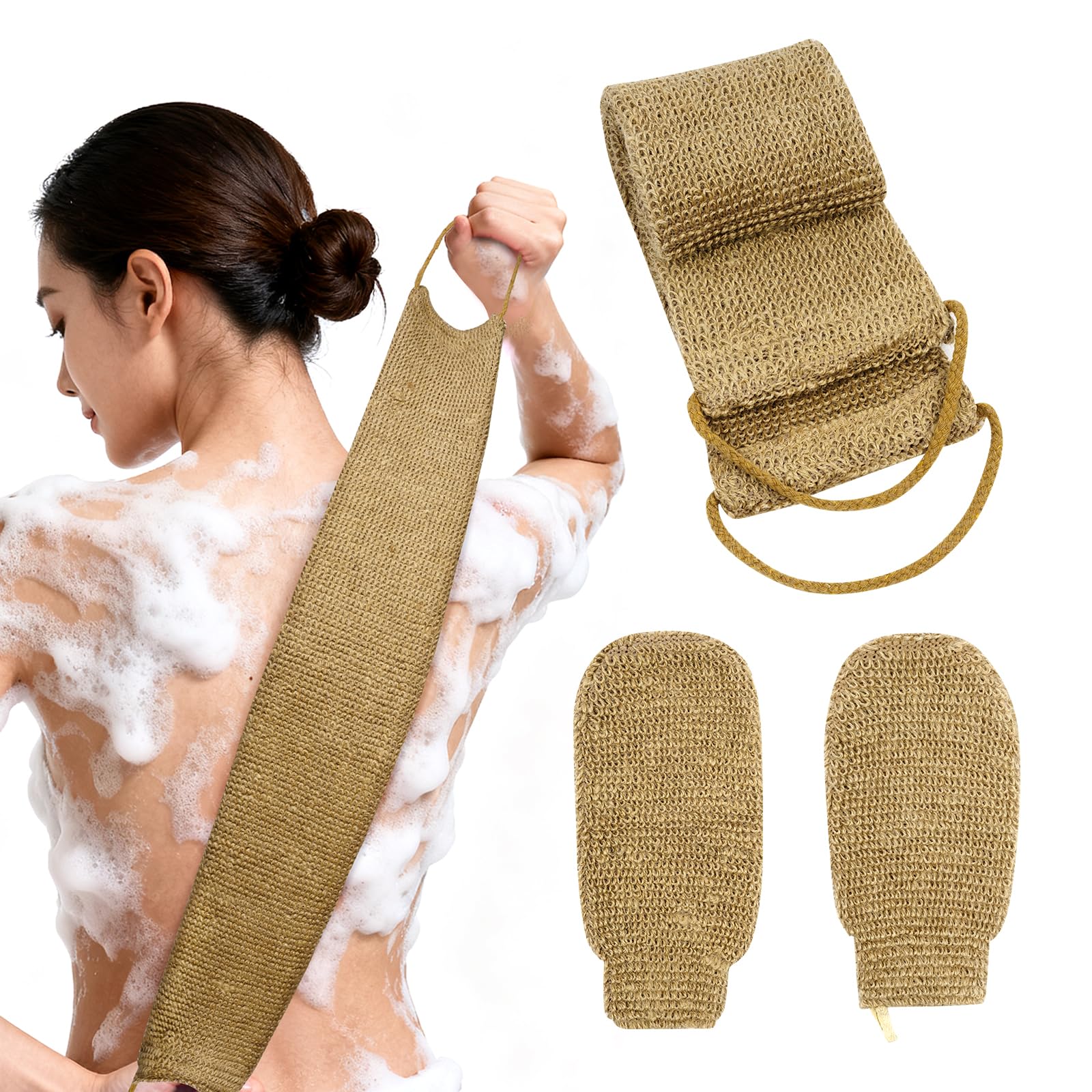 LOPHE Ensemble de Gommage Dorsal en Jute Comprenant Des Gants Exfoliants, Serviette Exfoliante Extra Longue, Sangle Exfoliante Naturelle pour le Dos, Gants de Bain pour Hommes et Femmes