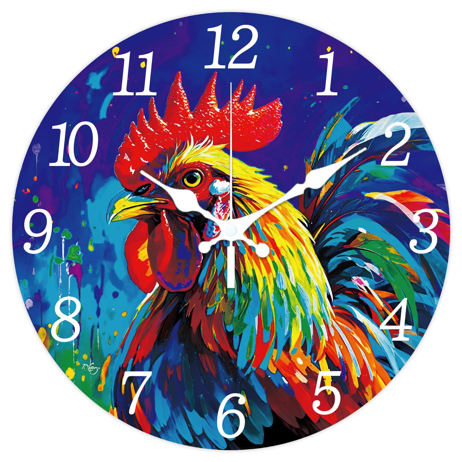 CHGCRAFT 12 Inch Artistic Rooster Colourful Oil Painting Round Wall Clock Silent Non Ticking, for Bedroom Living Room Kitchen Office Home Decor