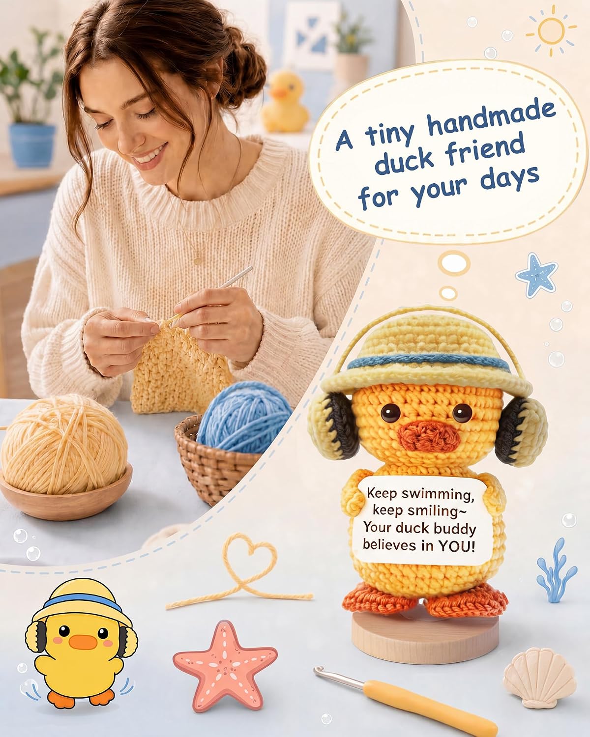 Teacher Appreciation Gifts for Women Man, Positive Crochet Animals Ducks, Emotional Support Office Desk Decor, Affirmation Cards Duck Gifts for Friends Coworkers