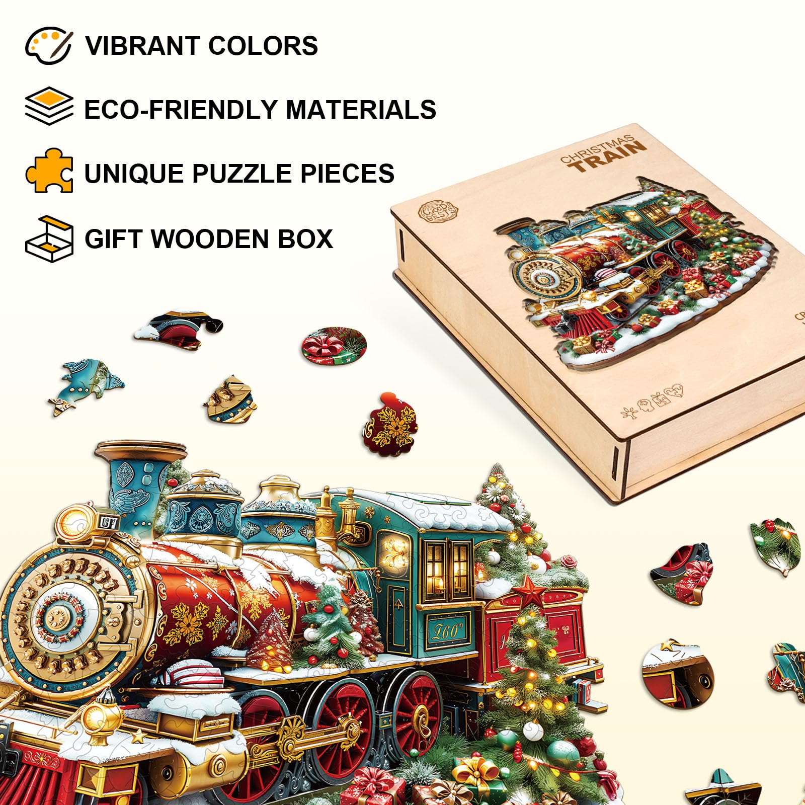 Jigfoxy Puzzles en bois pour adultes, puzzle train de Noël en bois adulte