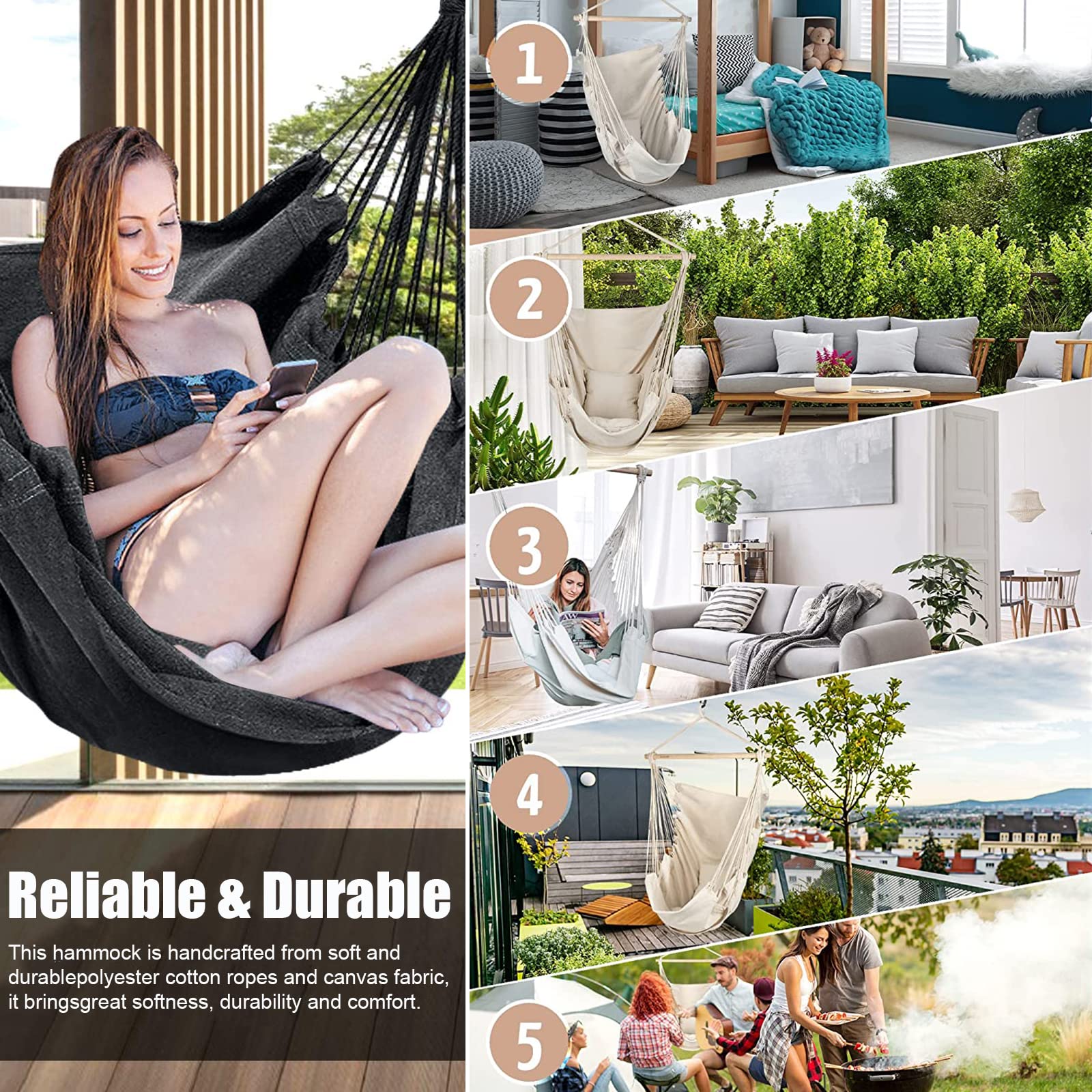 Hamaca Silla Columpio Algodón Interior Exterior Hamaca Colgante para Silla Asiento Hogar 2 Cojines incluidos para Niños y Adultos para Terraza Jardín Patio (I)
