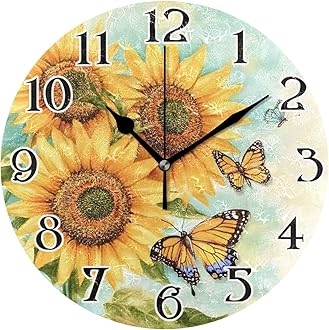 ALAZA Sunflowers Butterflies Flowers Butterfly Wall Clock Battery Operated Kitchen Clock 9.5 Inch Bathroom Clock Non Ticking Round Decorative Desk Clock Bedroom Living Room Decor