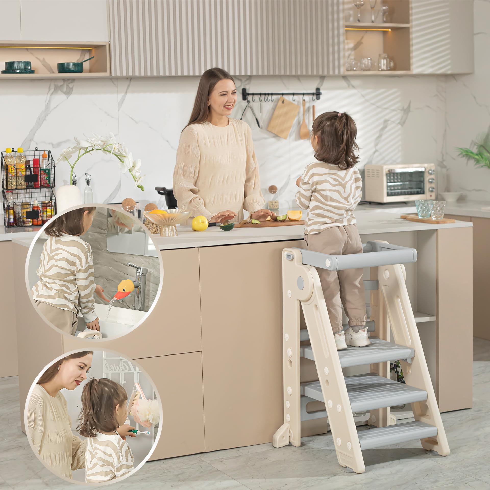 UNCLE WU Kids Step Stool, Foldable Toddler Standing Tower with Safety Rail, Perfect for Kitchen & Bathroom Use （ Includes Faucet Extender
