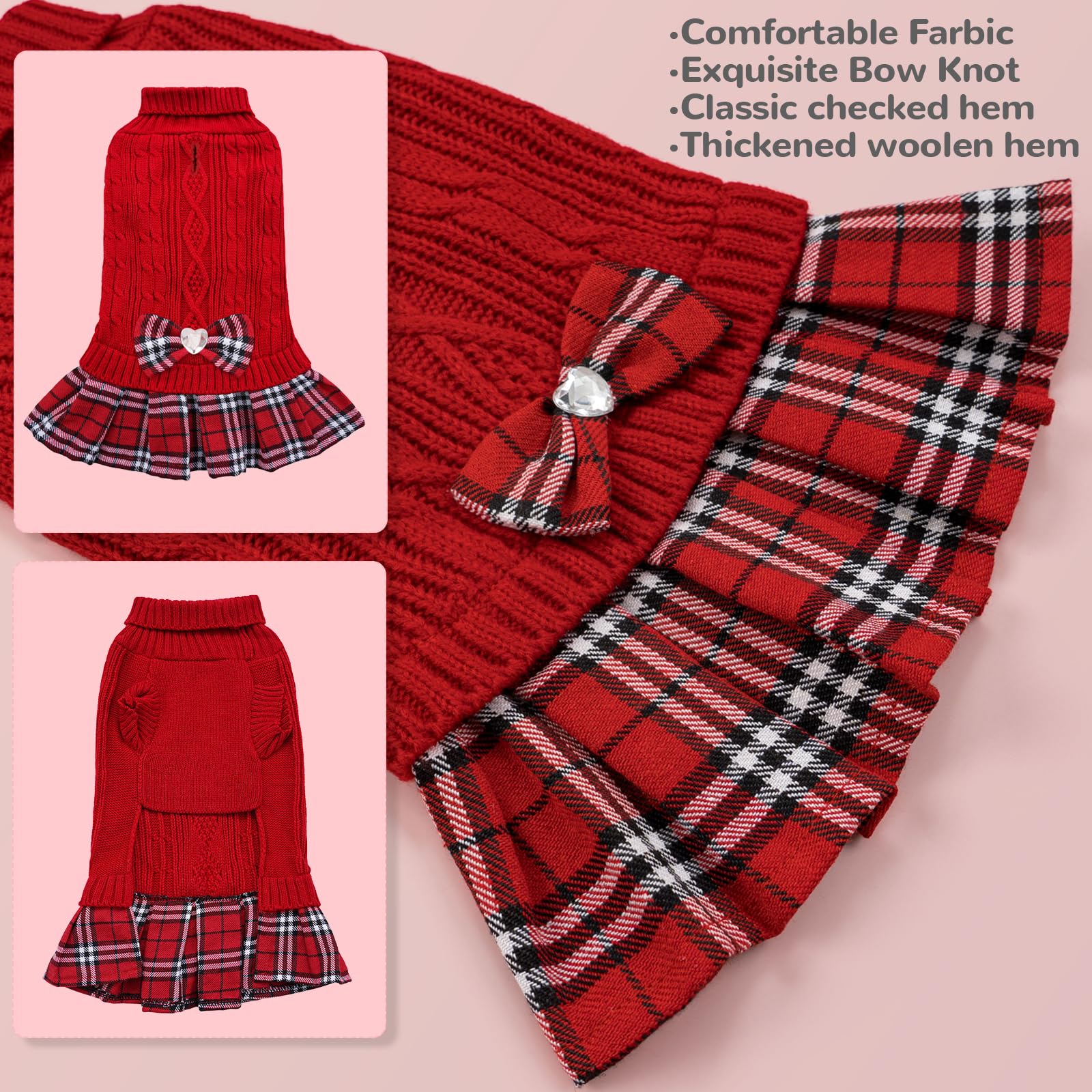 YUDODO Dog Sweater Dress for Small Dogs Girl with Bowtie Winter Warm Dog Turtleneck Sweater with Leash Hole Soft Puppy Knitwear Clothes Cute Doggie Dresses for Yorkie Chihuahua (Red, S)