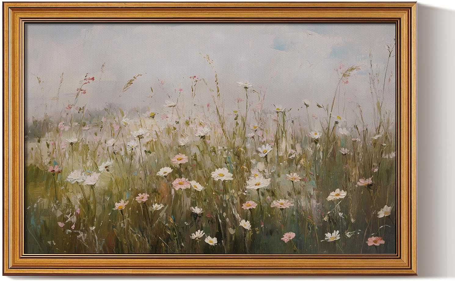 WHASAYART Gold Framed Vintage Wall Art for Living Room Wildflower Field Landscape Decor Aesthetic Gift for Mom Oil Painting Flower Wall Print Floral Pictures Canvas Artwork Shelf Decor 16x24in Morning Meadow 24L" x 16W"