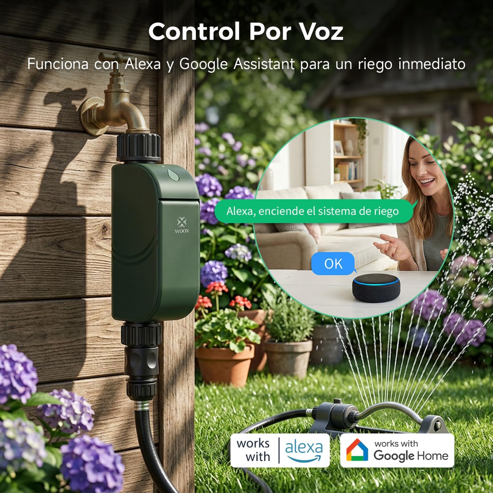 Woox Programador de Riego WiFi Inteligente, Sin Hub Requerido | 8 Programas de Riego, Wi-Fi 2,4 GHz, control vía app, Alexa/Google Assistant, IP65, Retardo por lluvia, Riego manual.