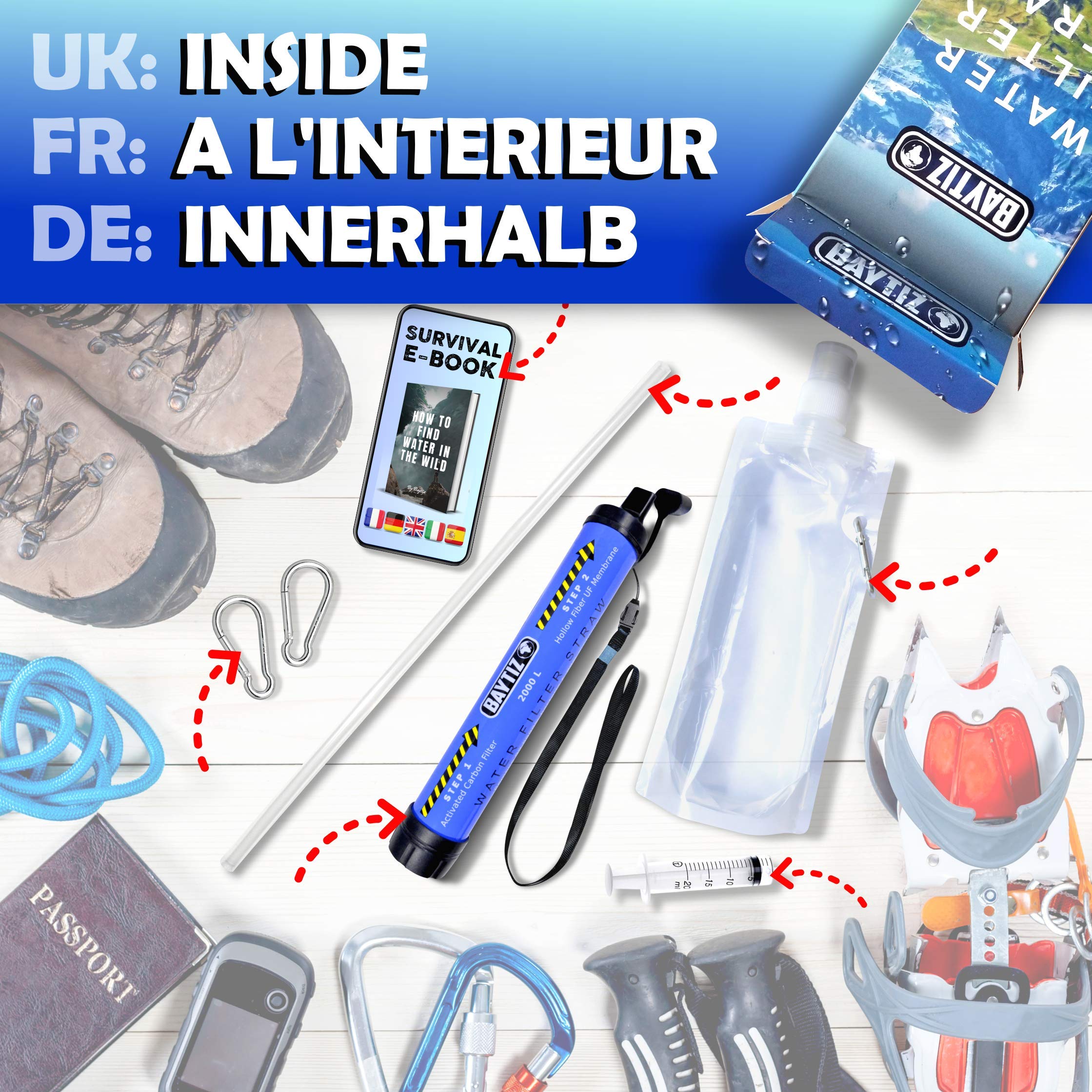BAYTIZ ® Filtro Acqua Portatile - Cannuccia Filtrante + Borraccia Trekking Kit di Sopravvivenza Depuratore Pompa Purificatore Bottiglia Mini Filtri Water Idratazione Emergenza Pastiglie Purificazione