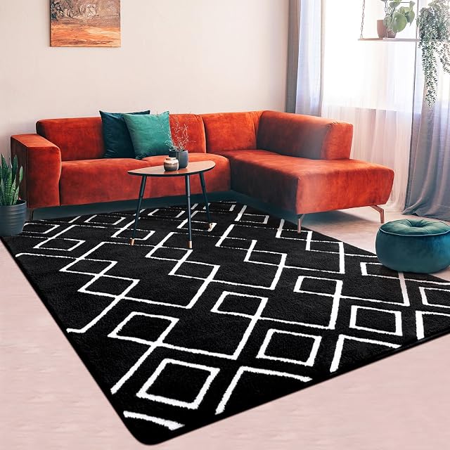 Soft Area Rug for Bedroom, 3.9x5.8Ft Moroccan Rugs for Living Room, Geometric Non-Slip Carpet with Memory Foam for Boys Girls's Bedside Office Dorm Hallway, Black and White