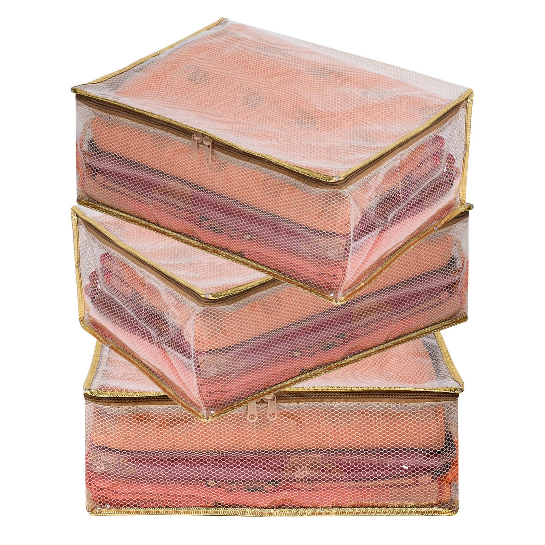 Kuber Industries Saree Cover | Golden Lace PVC Laminated Net Saree Cover | Wardrobe Saree Organizer | Garment Storage Bag | Pack of 3 | Transparent (B0CVXQ3DBW) Amazon Price History, Amazon Price Tracker