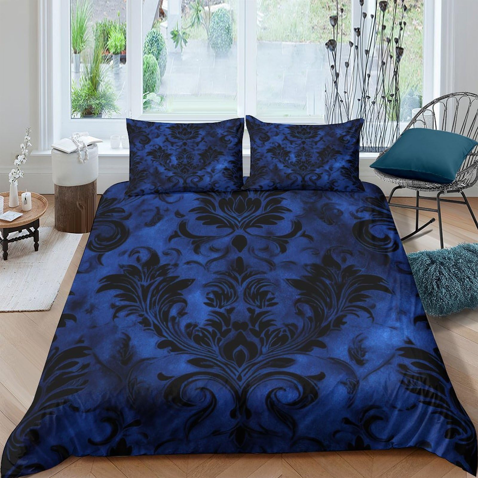 Ctjqhvkz Style-10 3D Printed Royal Blue Baroque Fitted Sheet Microfiber Slip-Resistant Midnight Damask Mattress Cover Bedroom Decor Single（135X200cm）