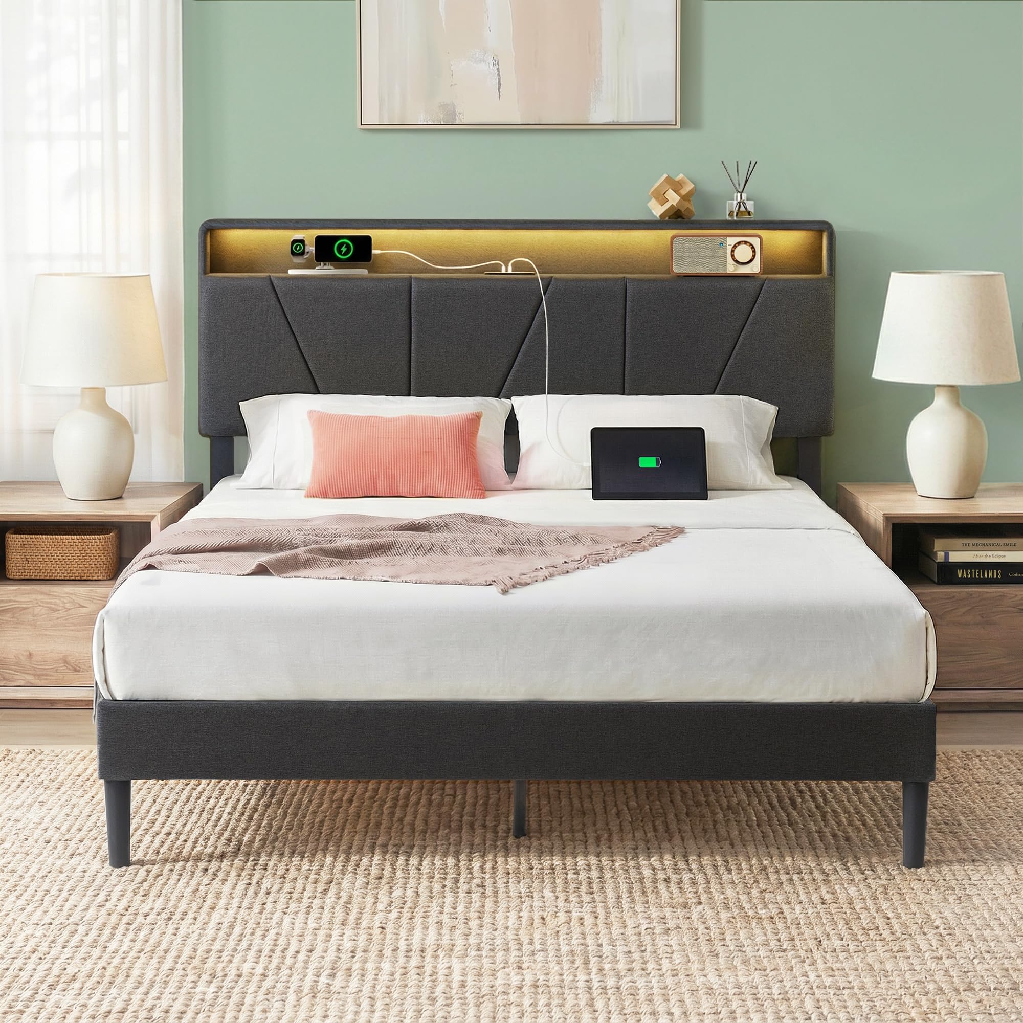 Photo 1 of ***DAMAGED CUT ON THE HEAD BOARD***Zinus Maya Upholstered Platform Bed Frame, Space-Saving Two-Tier Headboard Storage, Mood Setting RGB LED Lights, Built-in USB Charging Station, Soft Ambient Night Light, No Box Spring Needed, Queen