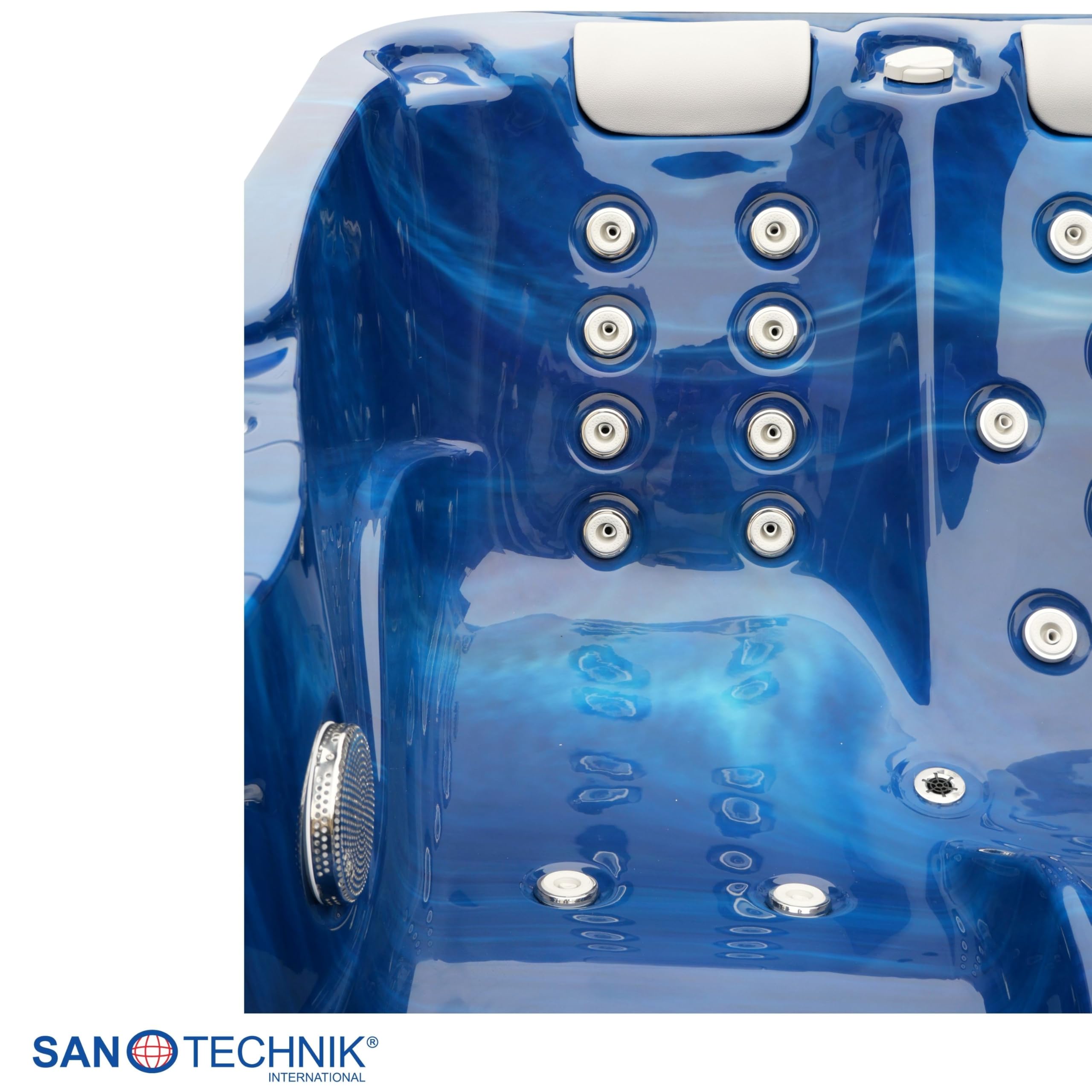 Sanotechnik Outdoor Whirlpool Modena blu – con copertura – Dimensioni 205 x 130 x 70 cm, 35 ugelli massaggianti, illuminazione a LED, radio, altoparlante, Bluetooth, SPA Whirlpool per 3 persone