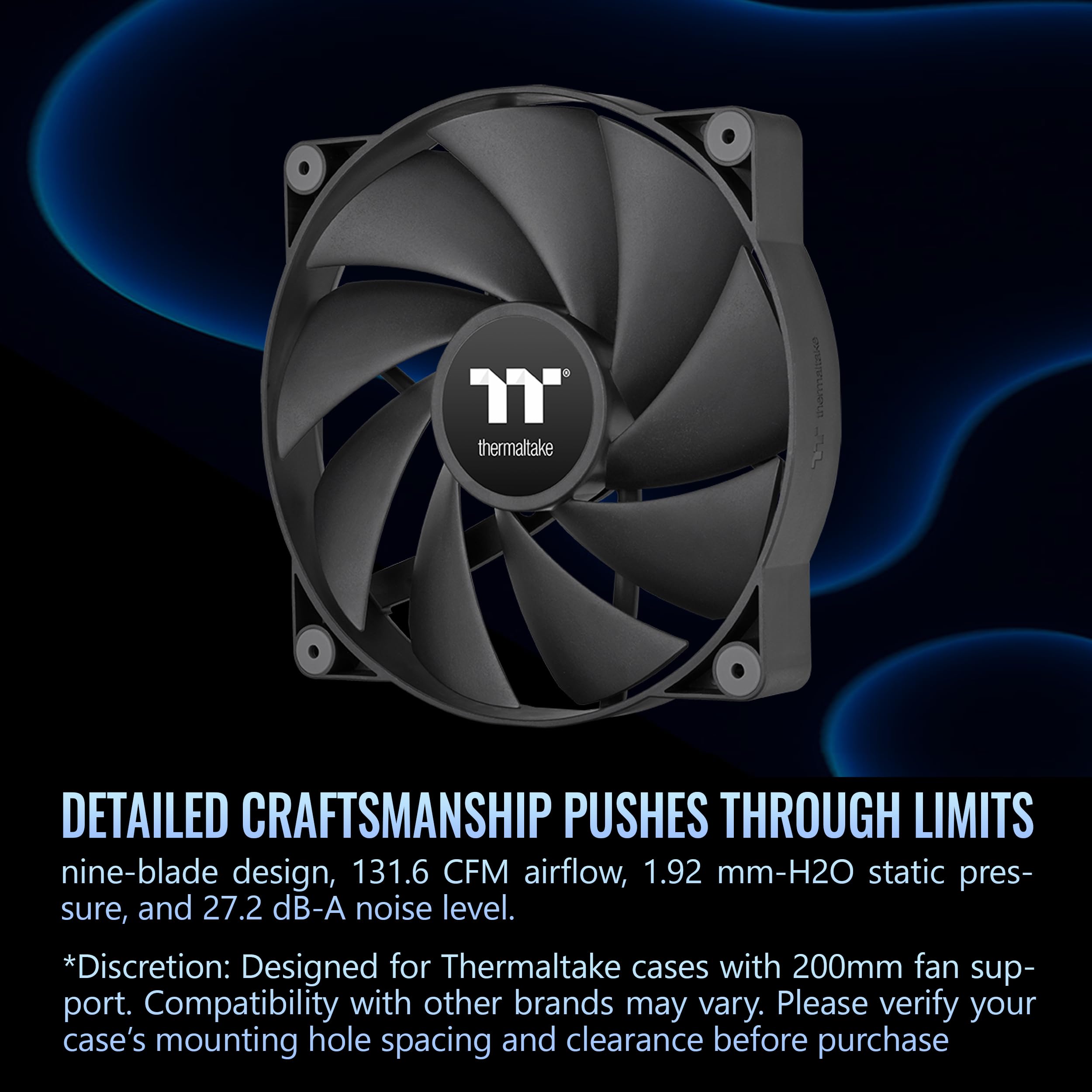 Thermaltake CT200 PWM Ventilateur Single Pack, PWM contrôlé 500~900 tr/min, débit d'air 131,6 CFM, roulement hydraulique, ventilateur de boîtier, 200 mm x 200 mm x 30 mm, noir, CL-F177-PL20BL-A