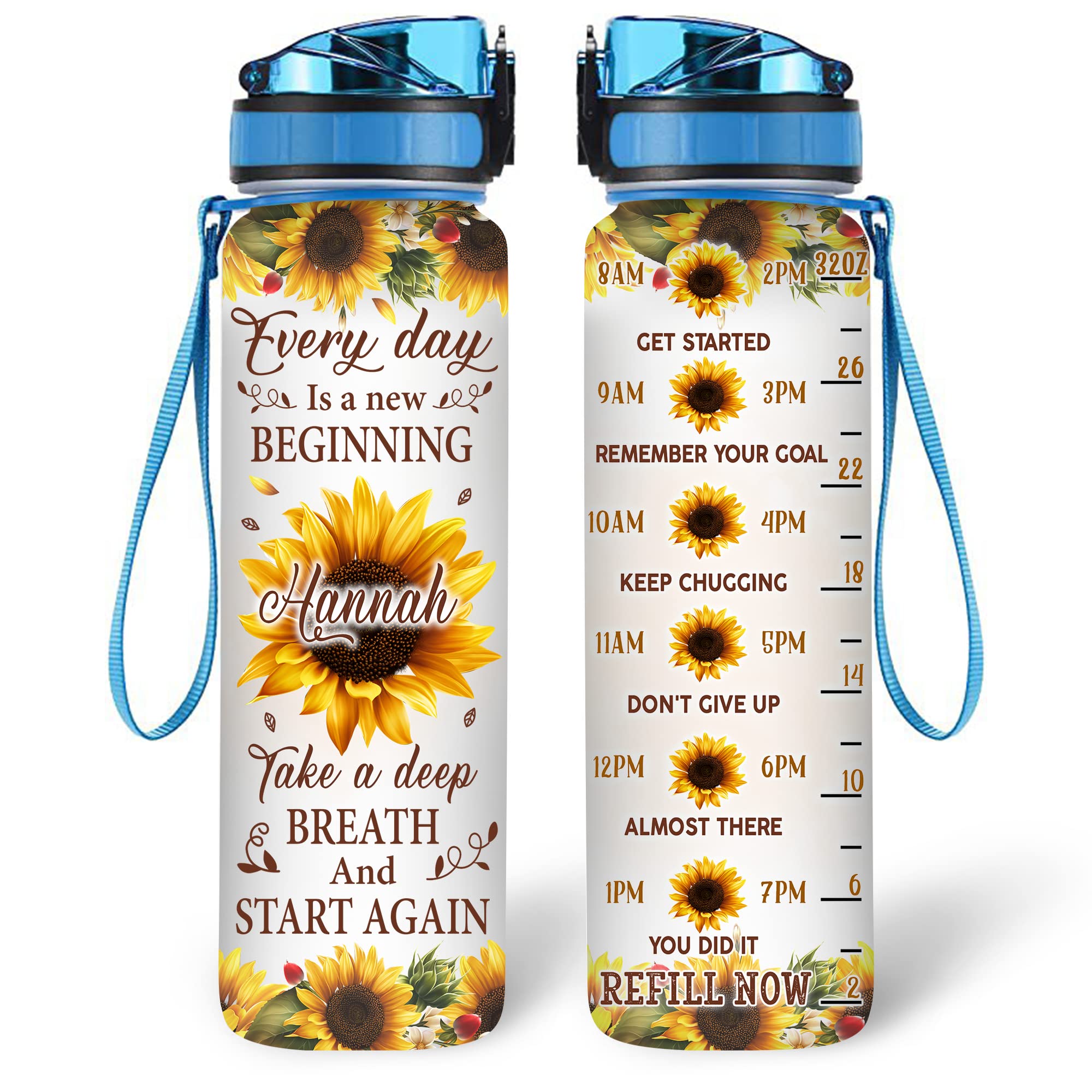 HyturtlePersonalized Sunflower Lovers 32 Oz 1Liter Motivational Water Bottle, Every Day Is A New Beginning Customized Water Bottle With Time Marker, Sunflower Lovers Gifts For Women On Birthday