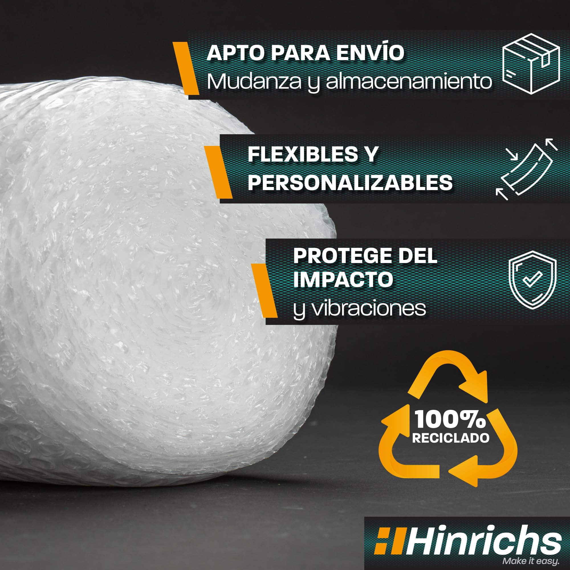 Hinrichs Rollo de Papel Burbujas 10m x 40cm - Ideal para Envíos, Embalajes y Mudanzas - 100% Reciclable - Plástico de Burbujas como Material de Embalaje - Material de Amortiguación