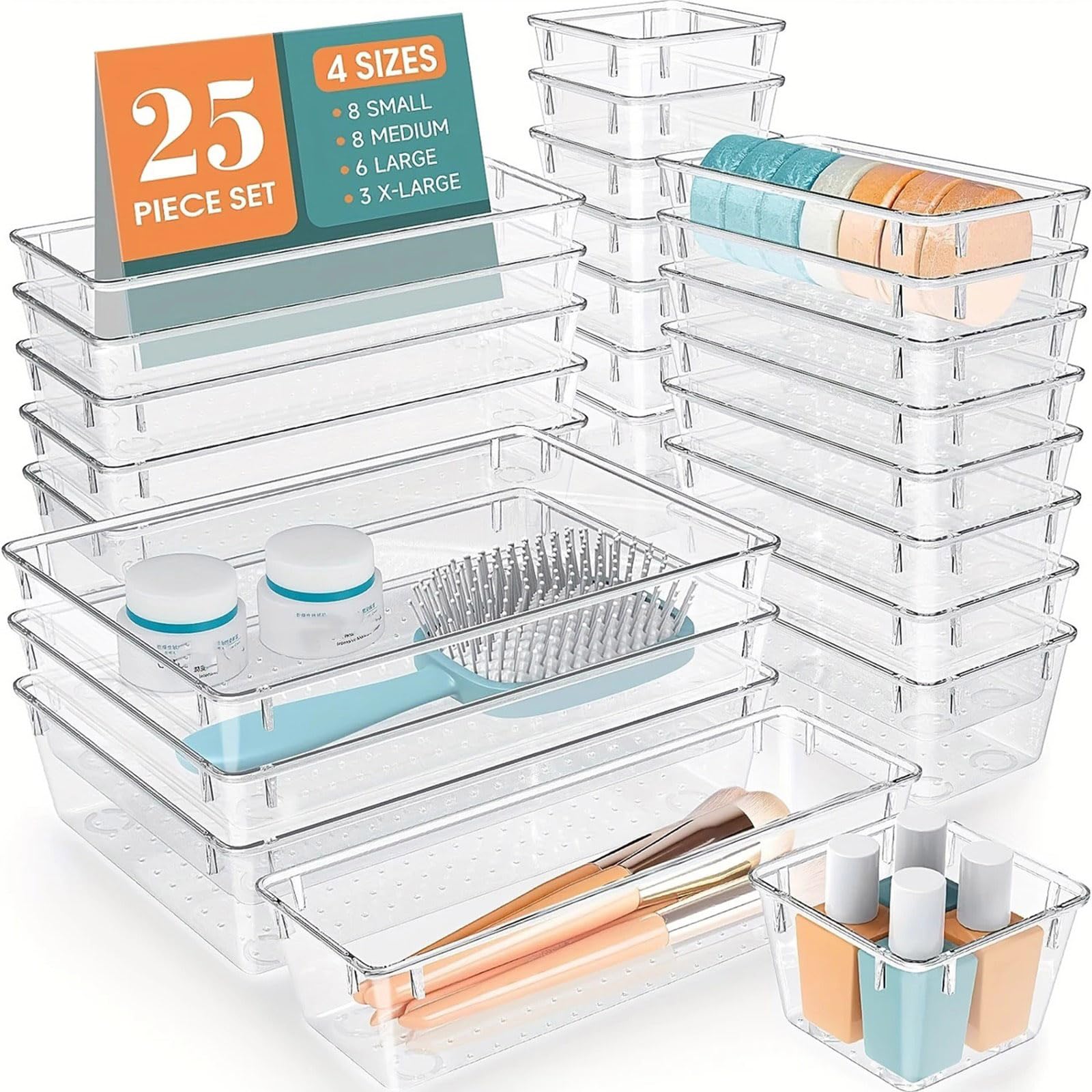 Vassoi trasparenti per cassetti organizer Set contenitori multi-formato per cucina, bagno, camera da letto e ufficio Organizer per cassetti trasparente PET