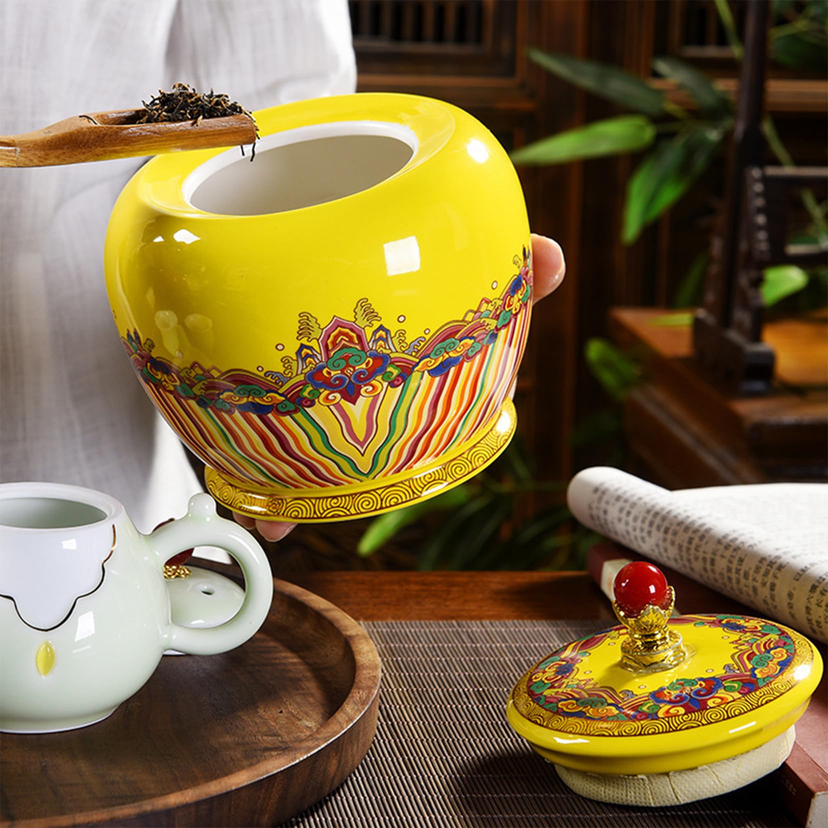 ZALTAS Żółty ceramiczny słoik do prezentacji żywności, kanister z hermetyczną pokrywką, styl pałacowy, herbata, pudełko na prezent na luźne przyprawy, ziarna kawy, do przechowywania herbaty Caddy, 2