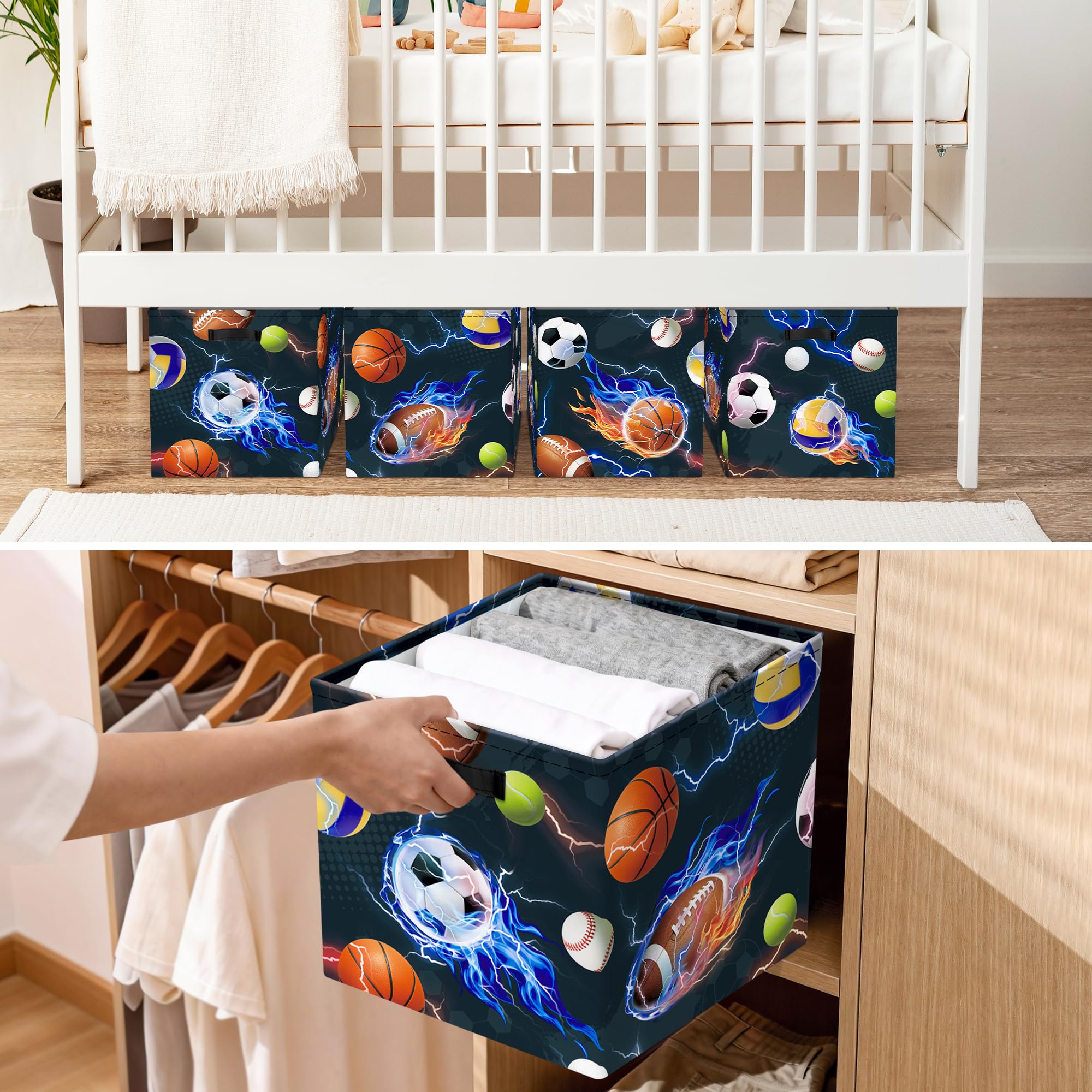 HUUMONSS 11.8" Sport Ball Storage Cube Organizer Set 3Pcs Clothes Storage Basket Bin for Home Basketball Volleyball Kid Book Toy Chest - Image 4