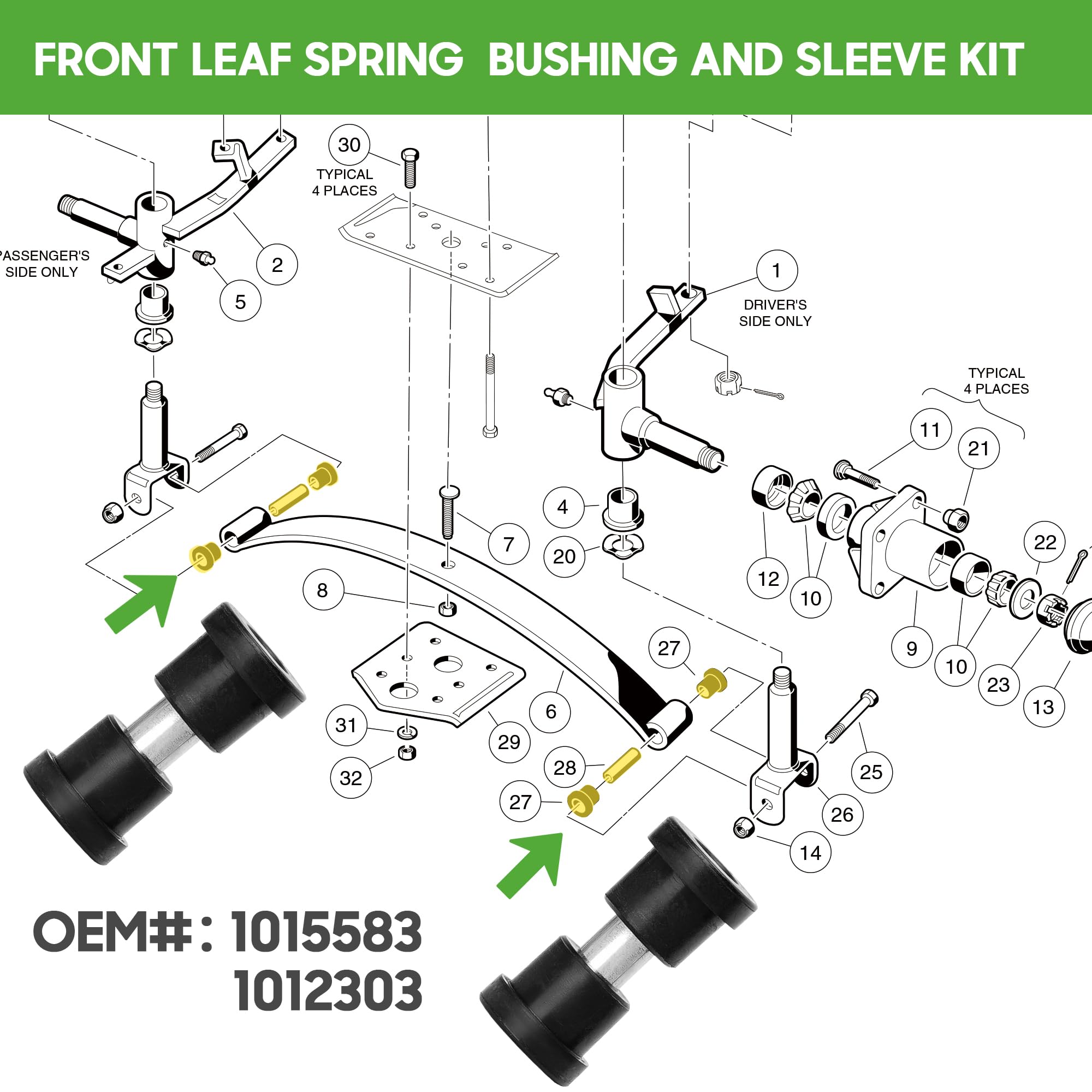 10L0L Kit di boccole di riparazione per carrelli da golf, kit di boccole di riparazione anteriore e posteriore per Club Car DS dal 1993 in poi, kit di sospensione anteriore superiore/inferiore
