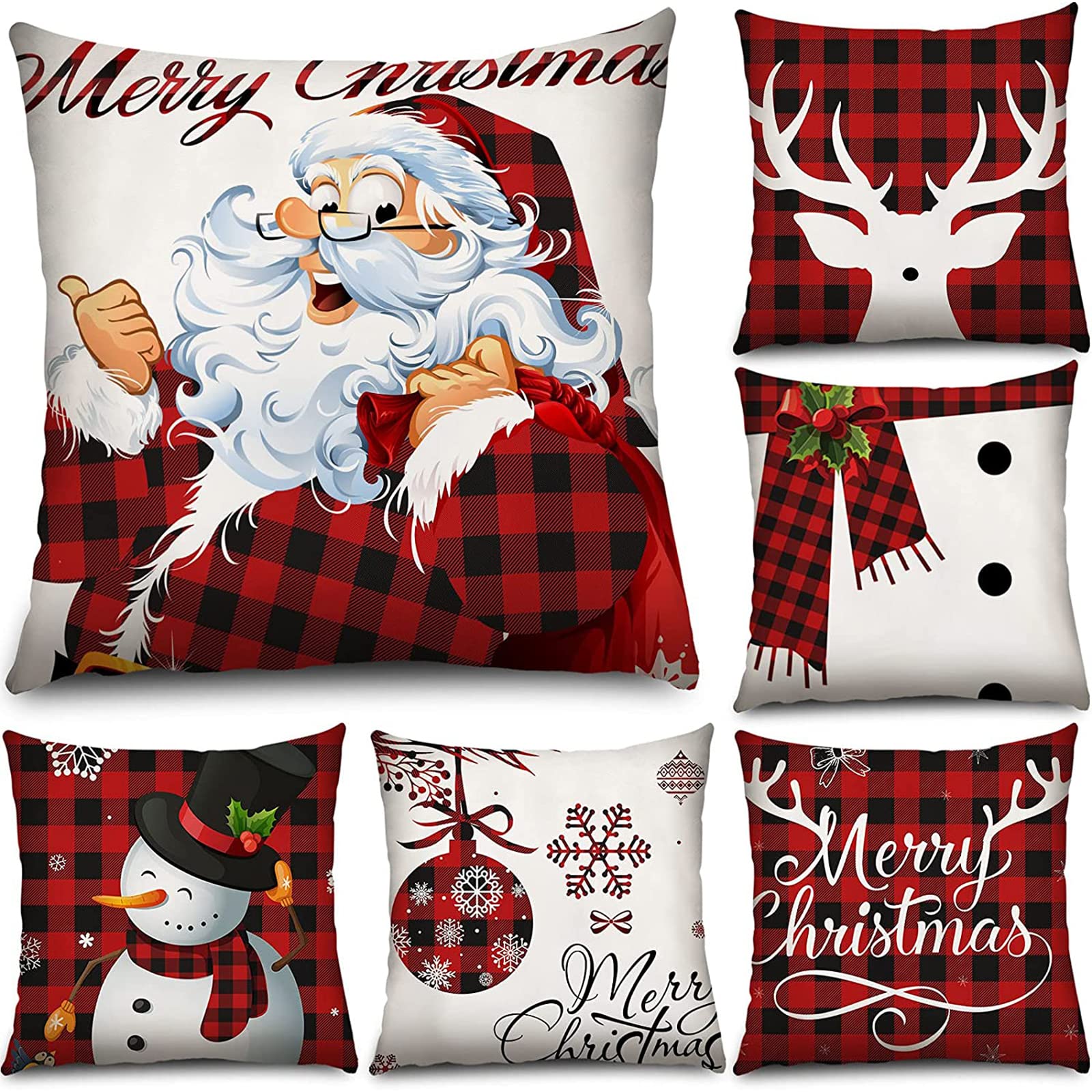 Tatuo6 Pieces Christmas Pillow Covers 18 x 18 Inch Buffalo Plaid Pillow Case Christmas Pillow Case Holiday Throw Pillow Cover for Xmas Winter Sofa Couch Bedroom Decorations (Black, Red)