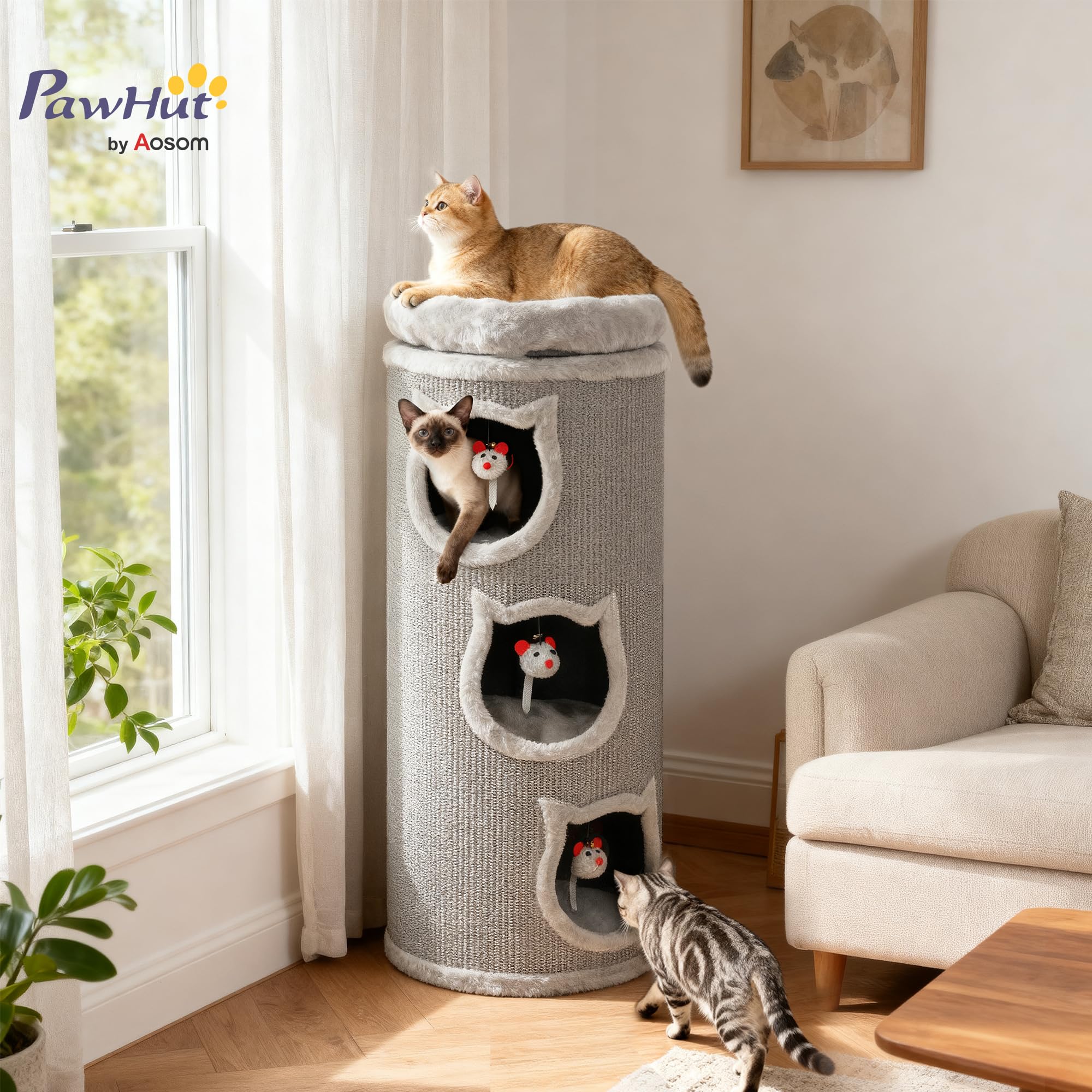 PawHut Kratztonne 96 cm Hoch Ø 38 cm vierstöckige Katzentonne mit Plüschrand, abnehmbarem und waschbarem Plüschbett, Katzenhöhle, Kratzbaum für Katzen unter 6 kg, Grau