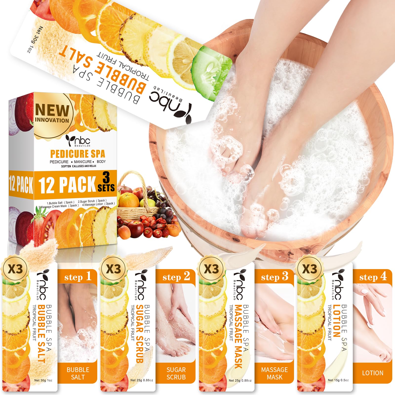 Pedicure Kit Foot Soak Set: Bubble Salt, Sugar Scrub, Massage Mask, Massage Lotion in a Box, 4 Step Foot Spa Kit for Dry Feet,Tired Feet（3 Set Tropical Fruit)