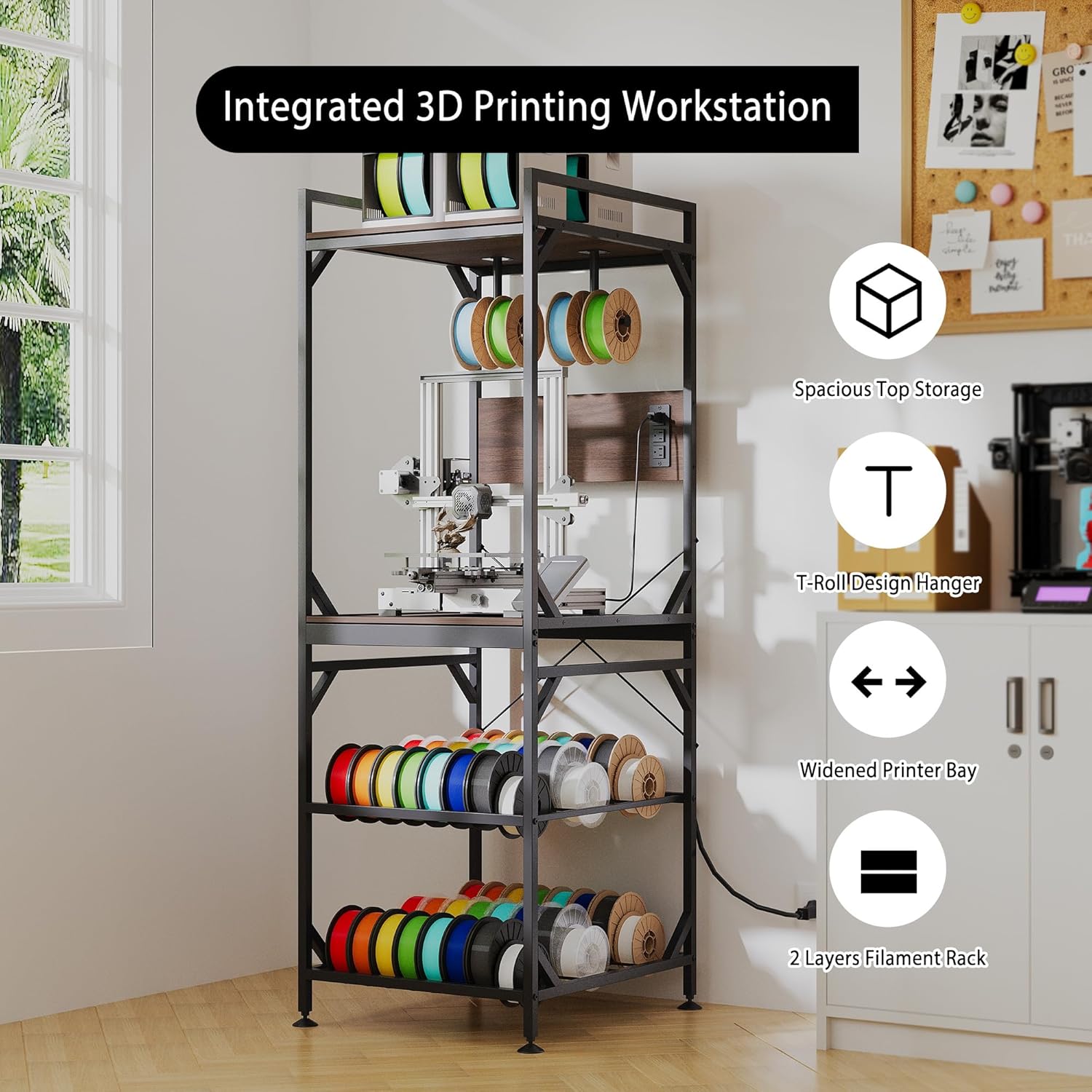  3d printer stand with filament storage, 3d printer table with filament spool holder rack, sturdy 3d printing cabinet shelf desk, heavy duty workbench for workshop studio office 