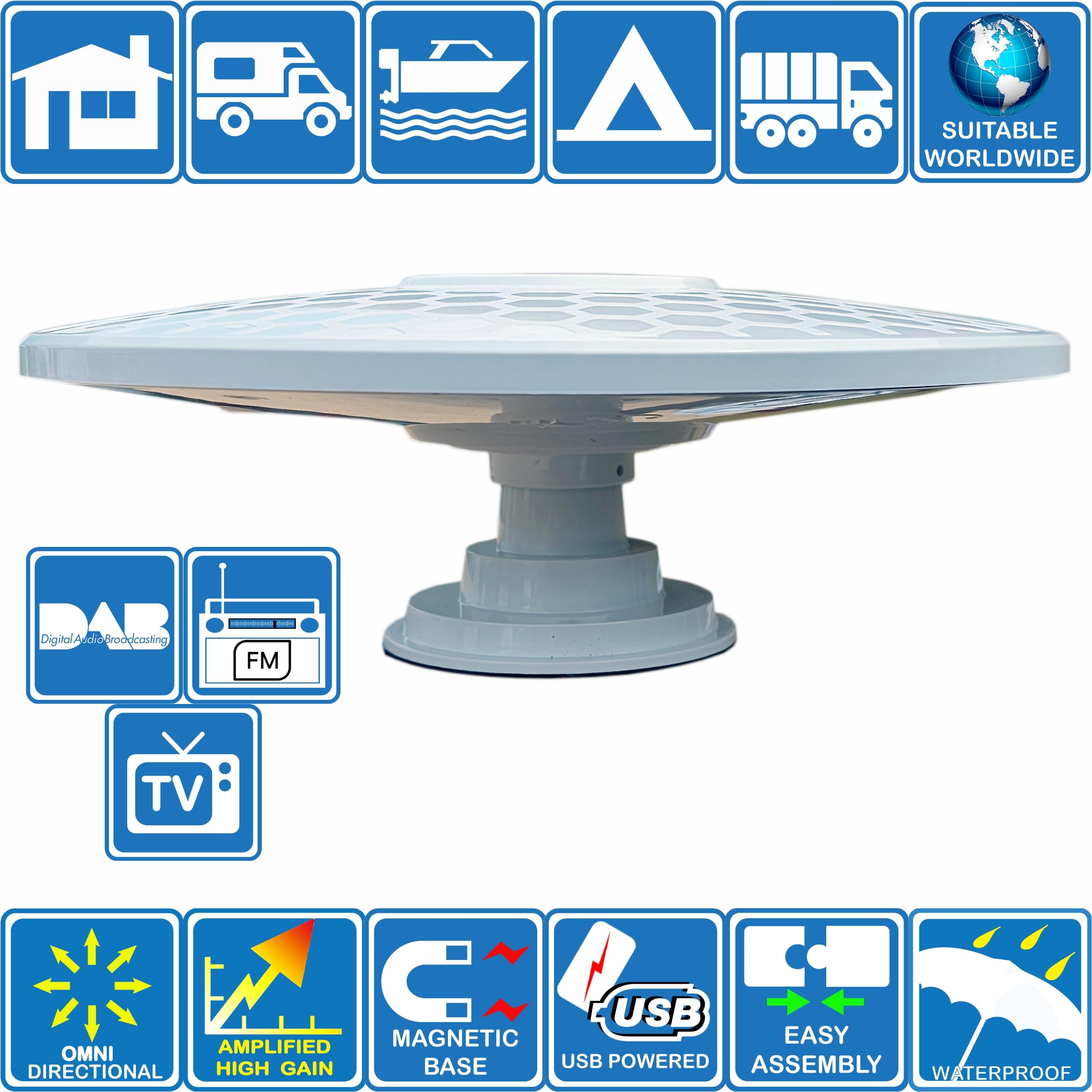 Helio – Imán Amplificado Digital omnidireccional Antena de TV HD de Ganancia Alto 33dB TNT DVB-T2 FM Dab. Unispectra® 12 V 24 V 5 V USB Ideal para Peso Pesado camión Caravana Barco o Camping