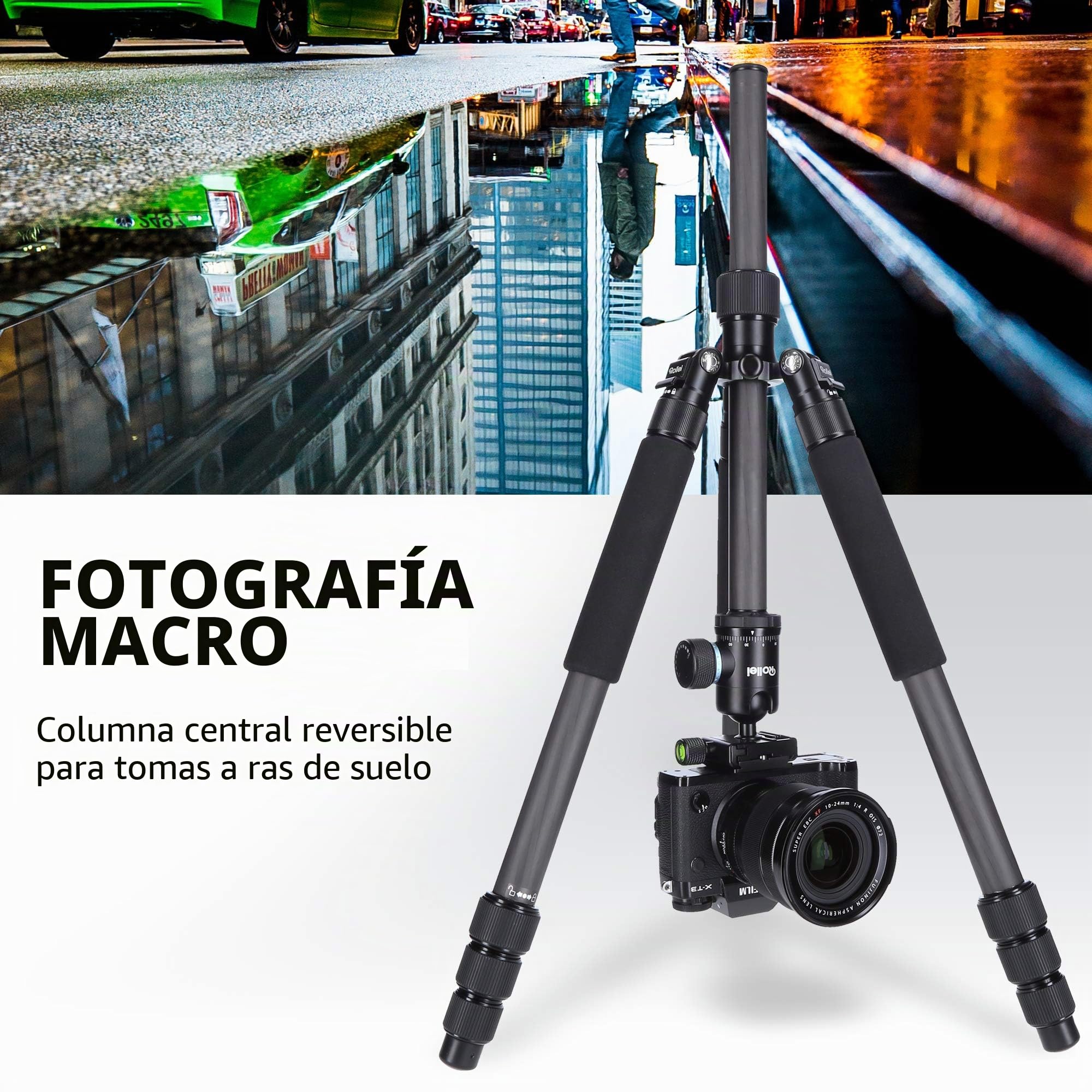 Rollei CT-5C + 52Q - Trípode carbono con cabezal esférico (Arca Swiss compatible, capacidad 8 kg, altura 157 cm), color negro