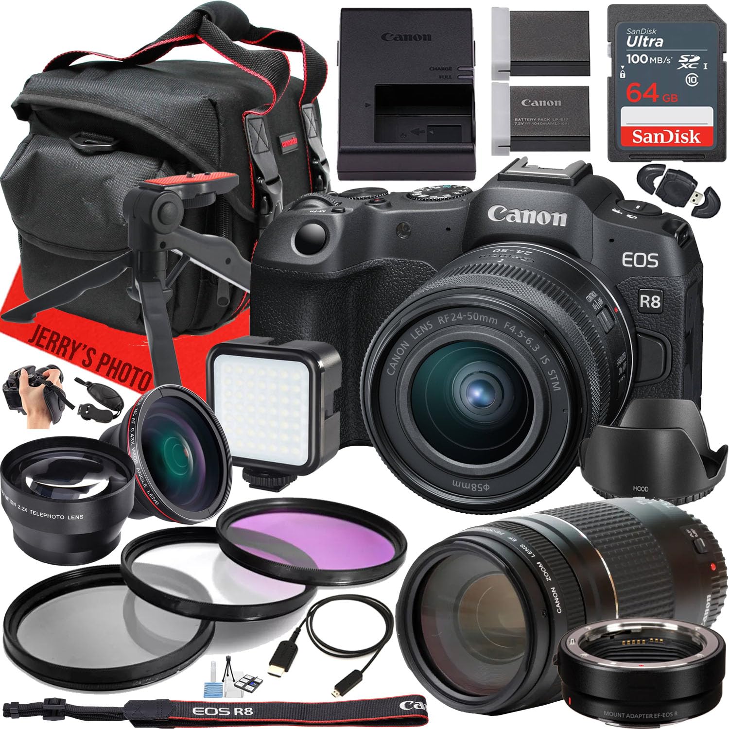 Canon EOS R8 Mirrorless Camera with RF 24-50mm f/4.5-6.3 is STM and EF 75-300mm f/4-5.6 III Lens + 64 GB Memory + EF - EOS R Mount Adapter + LED Light + More (28pc Bundle) (Renewed)