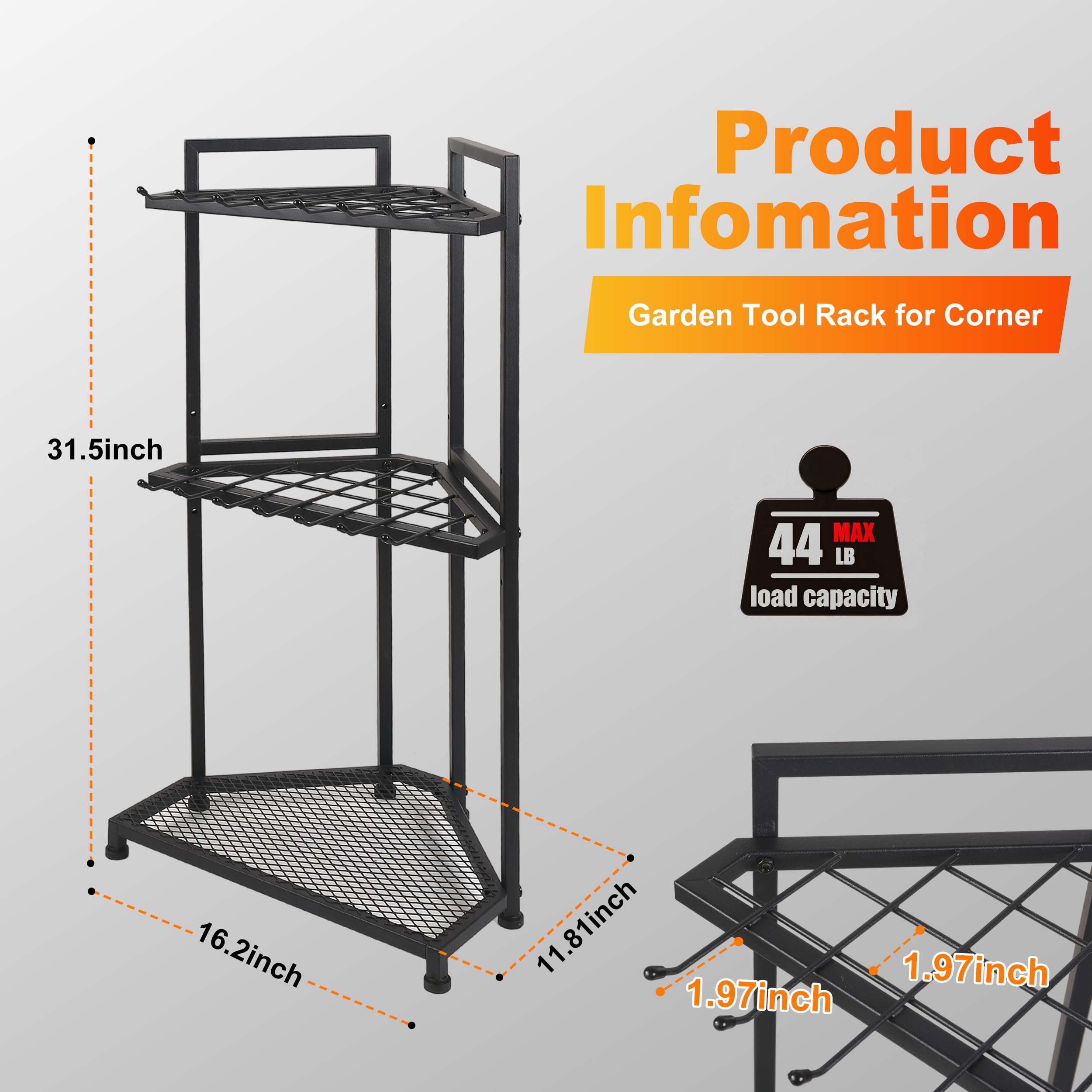Organizzatore per attrezzi da giardino pesanti | Scaffale angolare – Acciaio verniciato a polvere di alta qualità nero opaco | Ideale per capannoni, garage, terrazza esterna