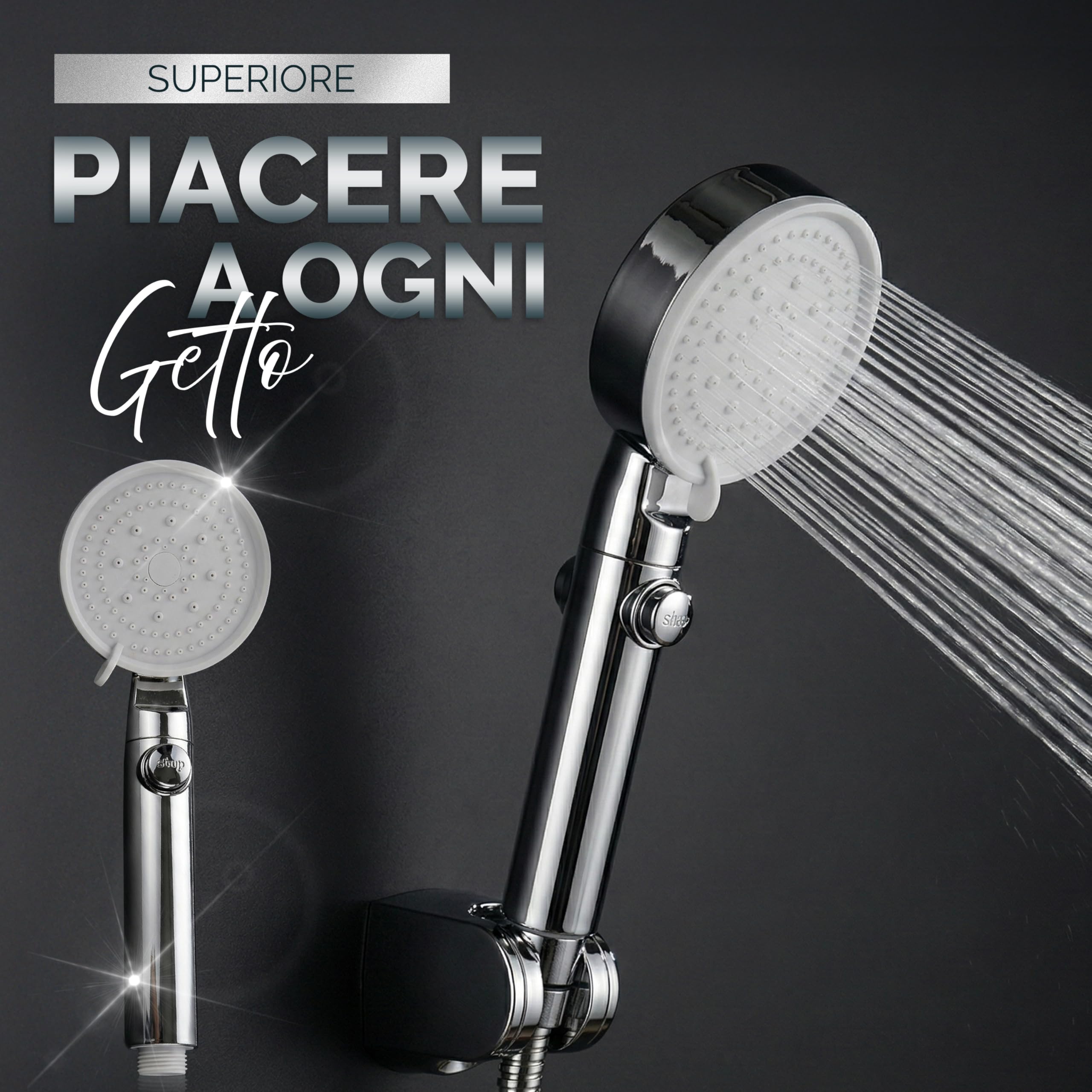 Soffione Doccia Alta Pressione Anticalcare con Tubo 200 cm e Supporto Universale