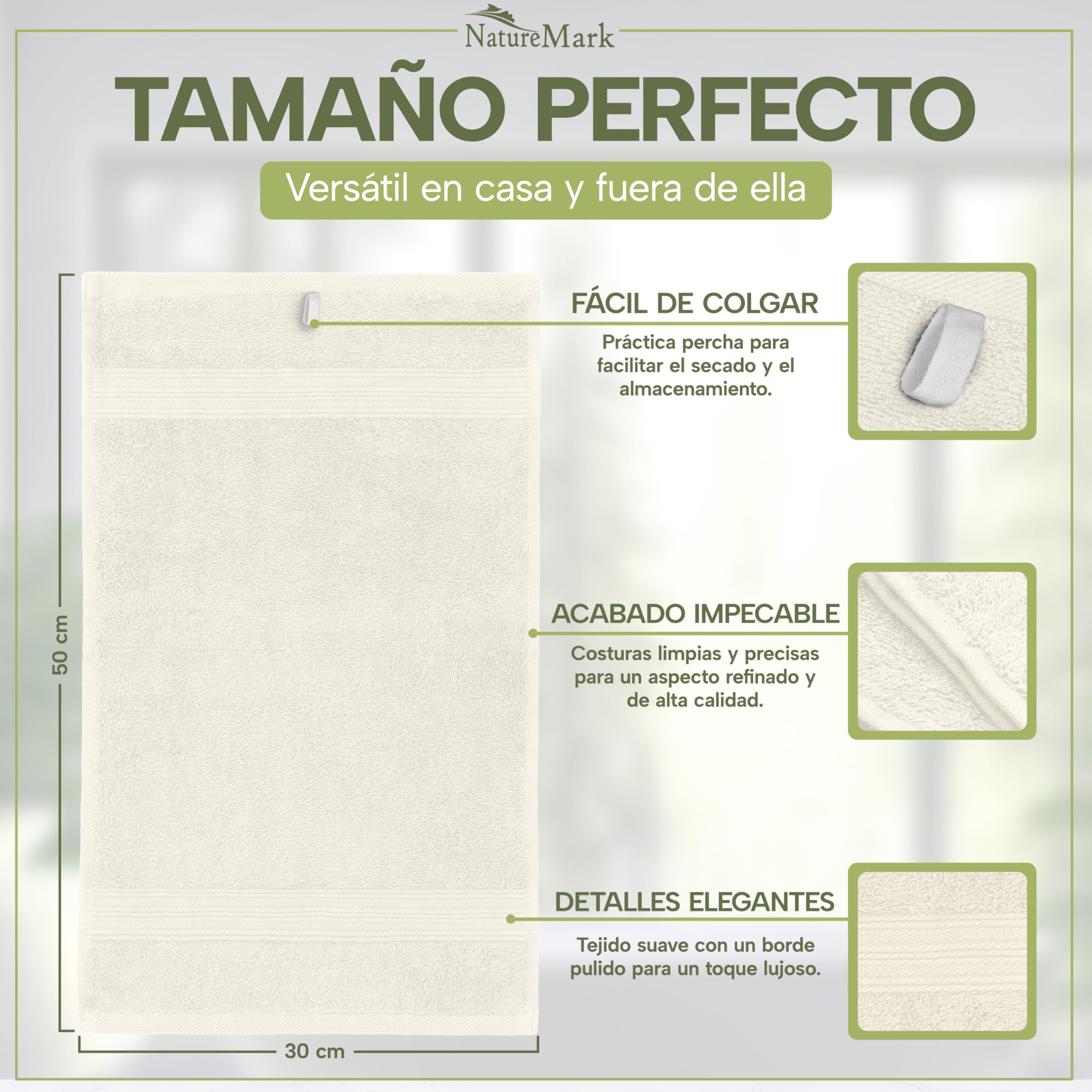 NatureMark Toallas de Invitado 30x50 cm Pack de 12 100% Algodón Oeko-Tex Suaves Absorbentes Natural/Crema