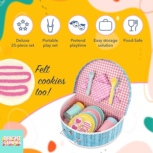 Miniatura 5 de Bright Stripes Juego de cestas de picnic para niños, suministros para fiestas de té, juguetes para niños, incluye 4 vasos de plástico, platos,