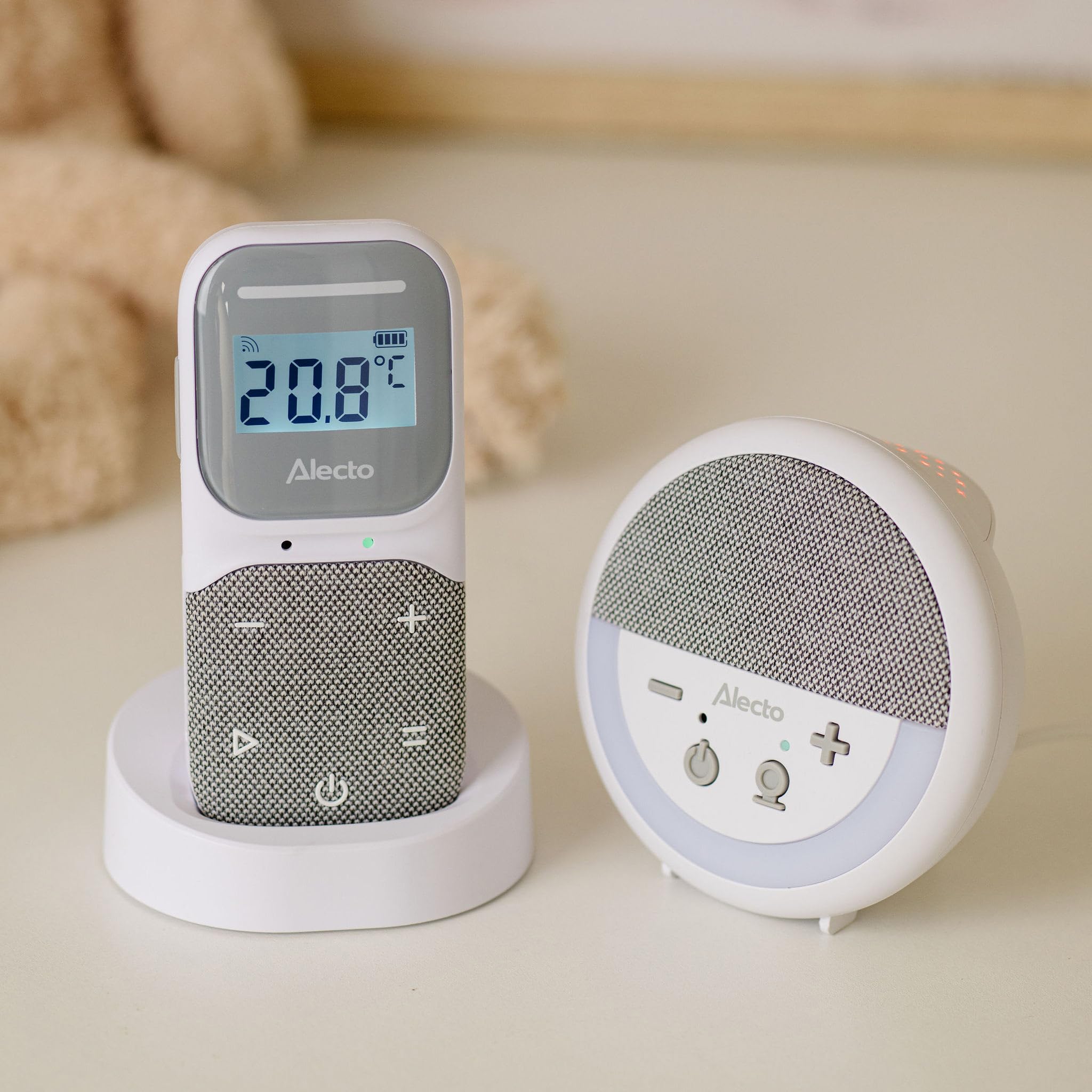 Alecto DBX150 - luksusowa elektroniczna niania Full Eco DECT Audio z projektorem, wyświetlaczem, nocną lampką nocną i kołysankami – biała/szara