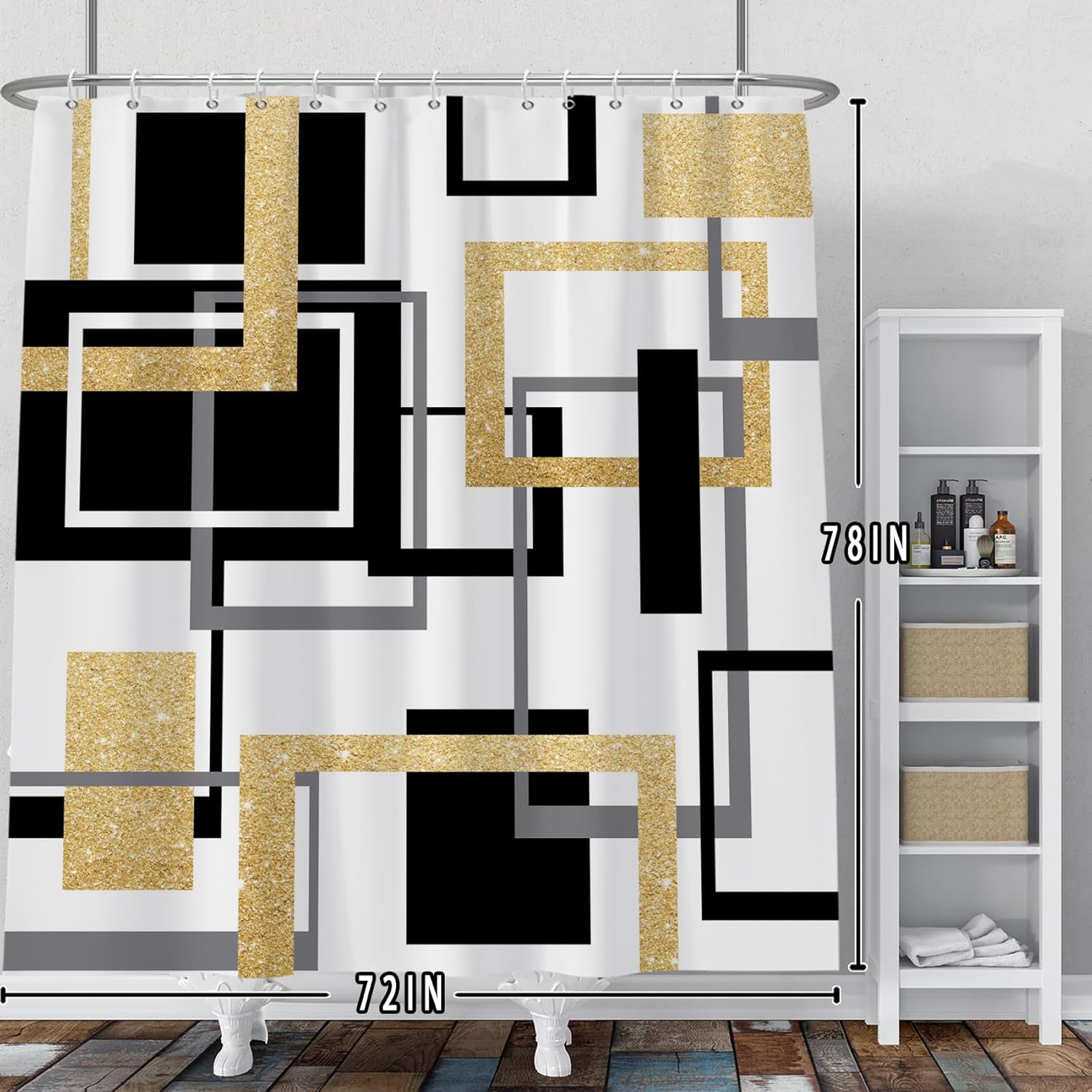 Baocicoo Modern Geometric Shower Curtain Black White Gold Geometry Squares Bath Curtain Abstract Mid Century Farmhouse Hotel Home Bathtub Decor Waterproof Curtain for Bathroom with Hooks 72x78 Inches