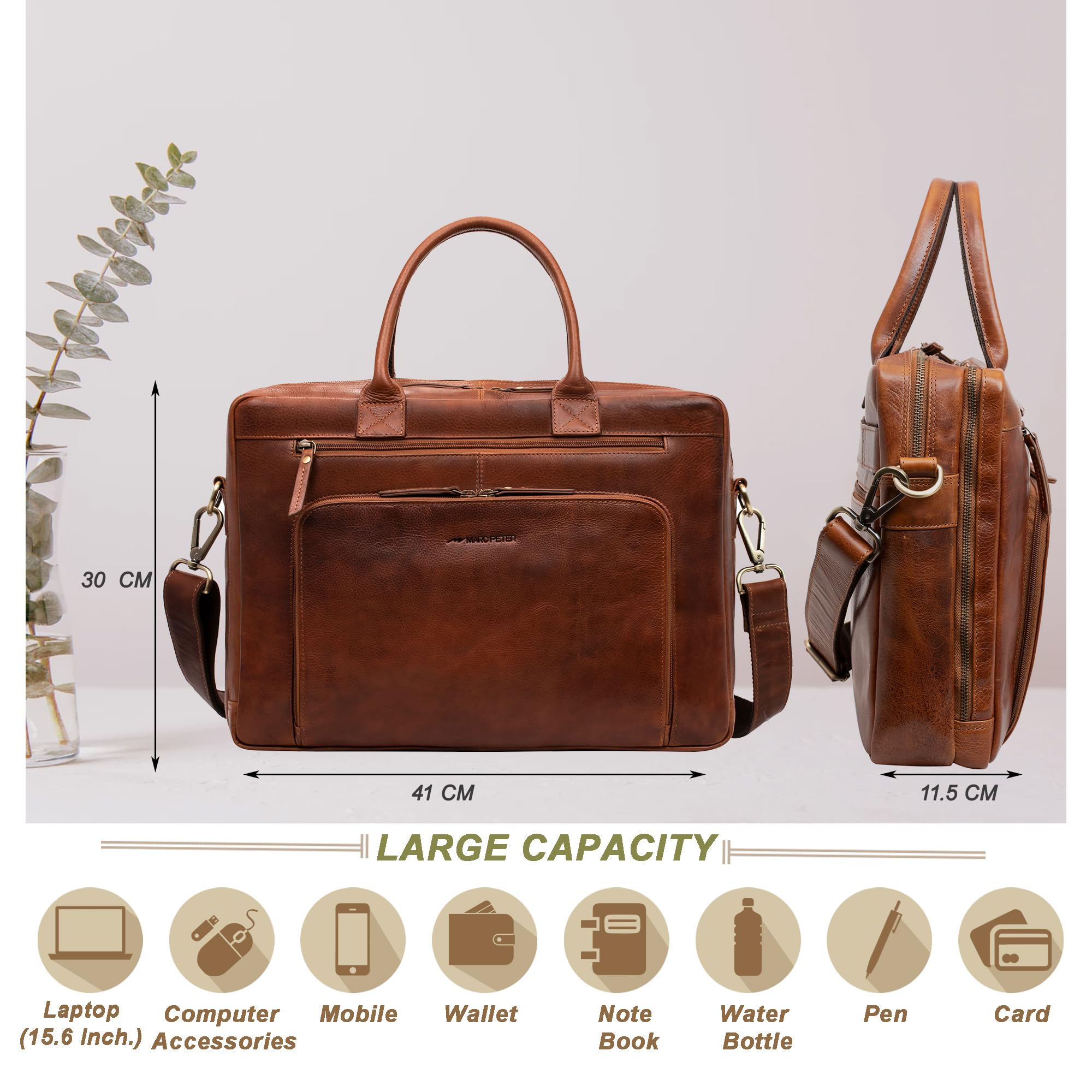 Marc Peter® Hamilton Businesstasche Herren Leder 15,6 Zoll | Leder Laptoptasche | Groß Aktentasche Umhängetasche aus Vintage Rindsleder
