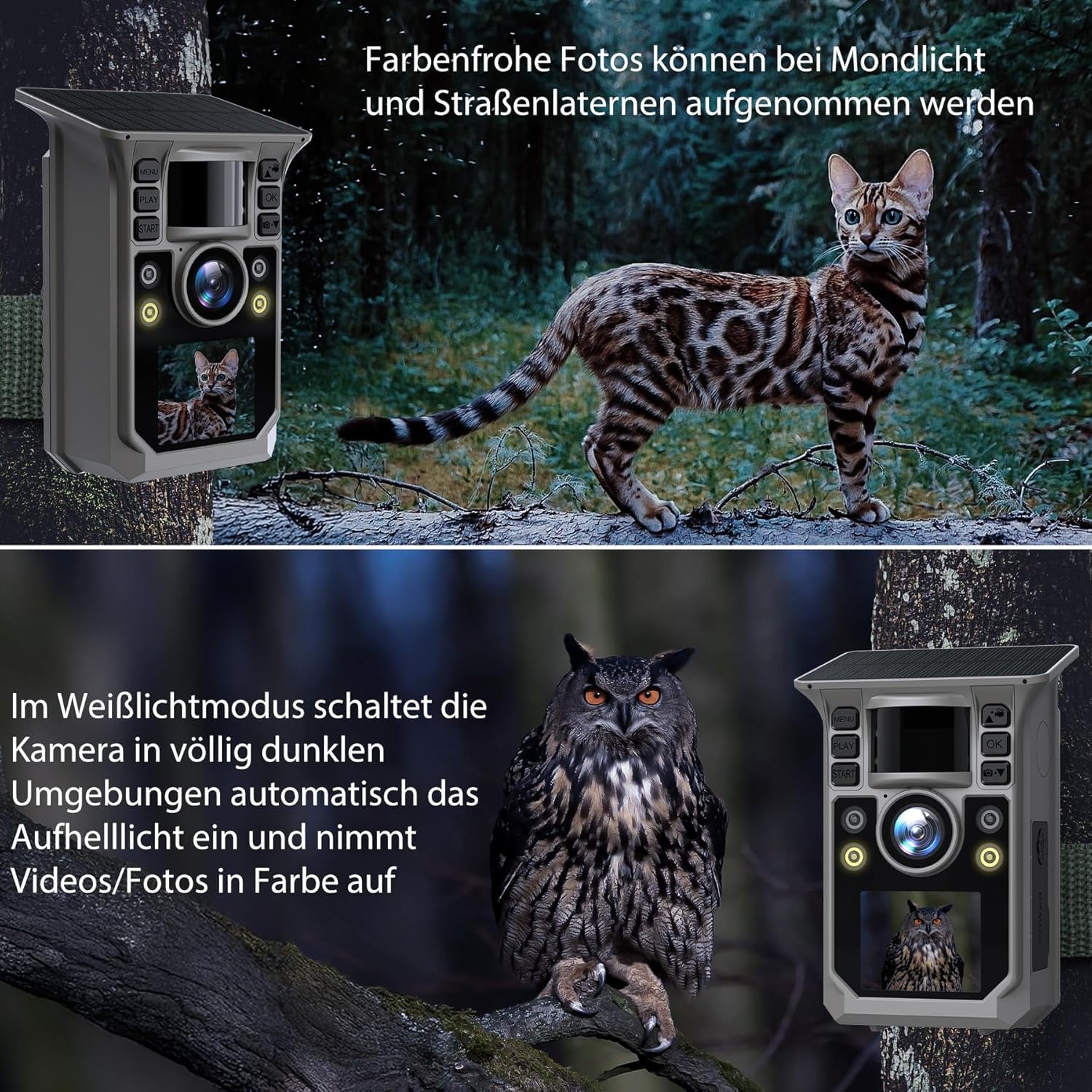 Wildkamera mit Handyübertragung APP, Solar WLAN 4K HD Video 64MP Eingebaute 7500mAh Wiederaufladbare Batterie, Vollfarbige Nachtsicht, 32GB Speicherkarte, IP67 Wasserdicht, 130° Weitwinkel