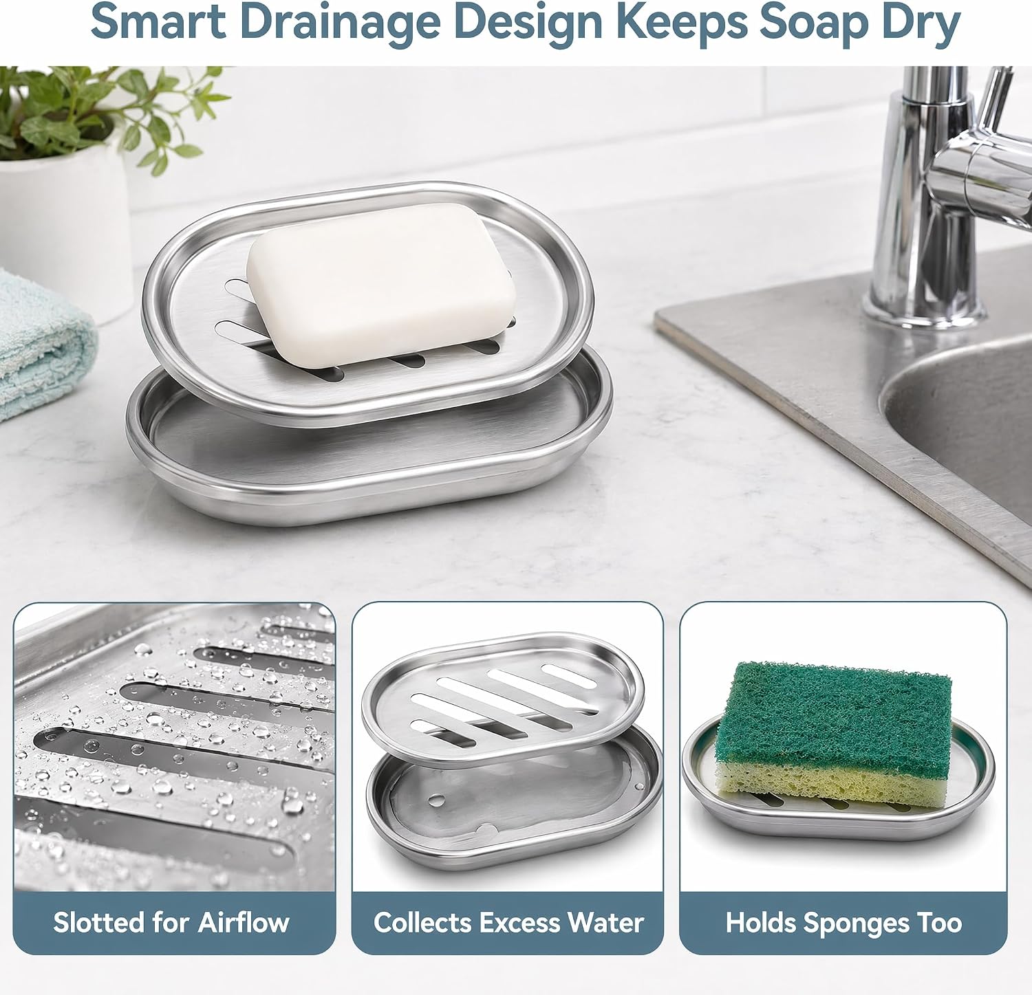 Stainless Steel Soap Dish Brushed Nickel Heavy Duty Soap Holder with Drainage for Bathroom Sink and Shower Anti-Rust Metal Soap Bar Tray and Sponge Holder