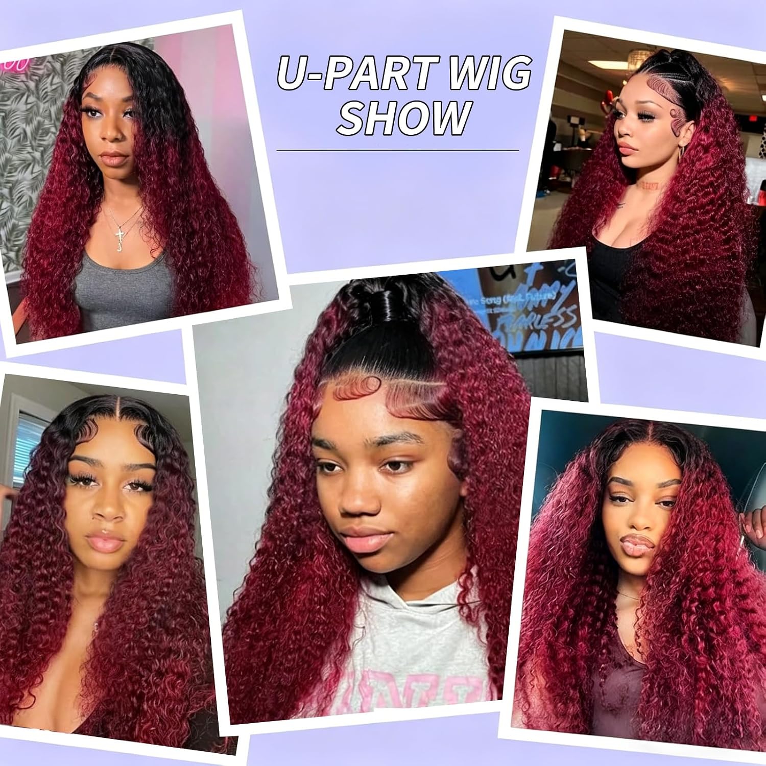 1B/Burgundy U Part Human Hair Wig Deep Wave 30 Inch 200% Density Ombre Deep Wave U Part Wigs for Black Women 12A Full Head Clip in Half Wig Glueless No Leave Out Lace Front Wig 3X Longer Lifespan