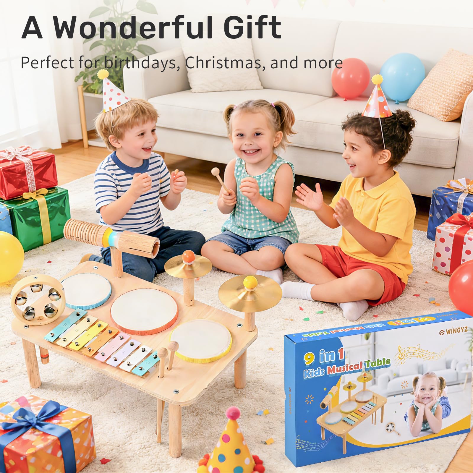WINGYZ Batteria per bambini, set di strumenti musicali in legno 9 in 1 con xilofono, tamburo per bambini a partire da 1 anno, giocattolo musicale per ragazzi e ragazze, regalo per il primo compleanno