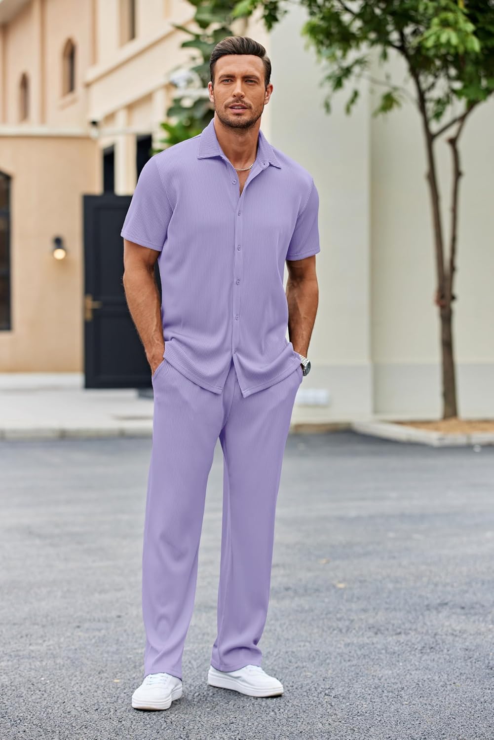 COOFANDY Men's 2 Piece Outfit Casual Short Sleeve Button Down Shirt Beach Summer Loose Pant Sets - Image 4