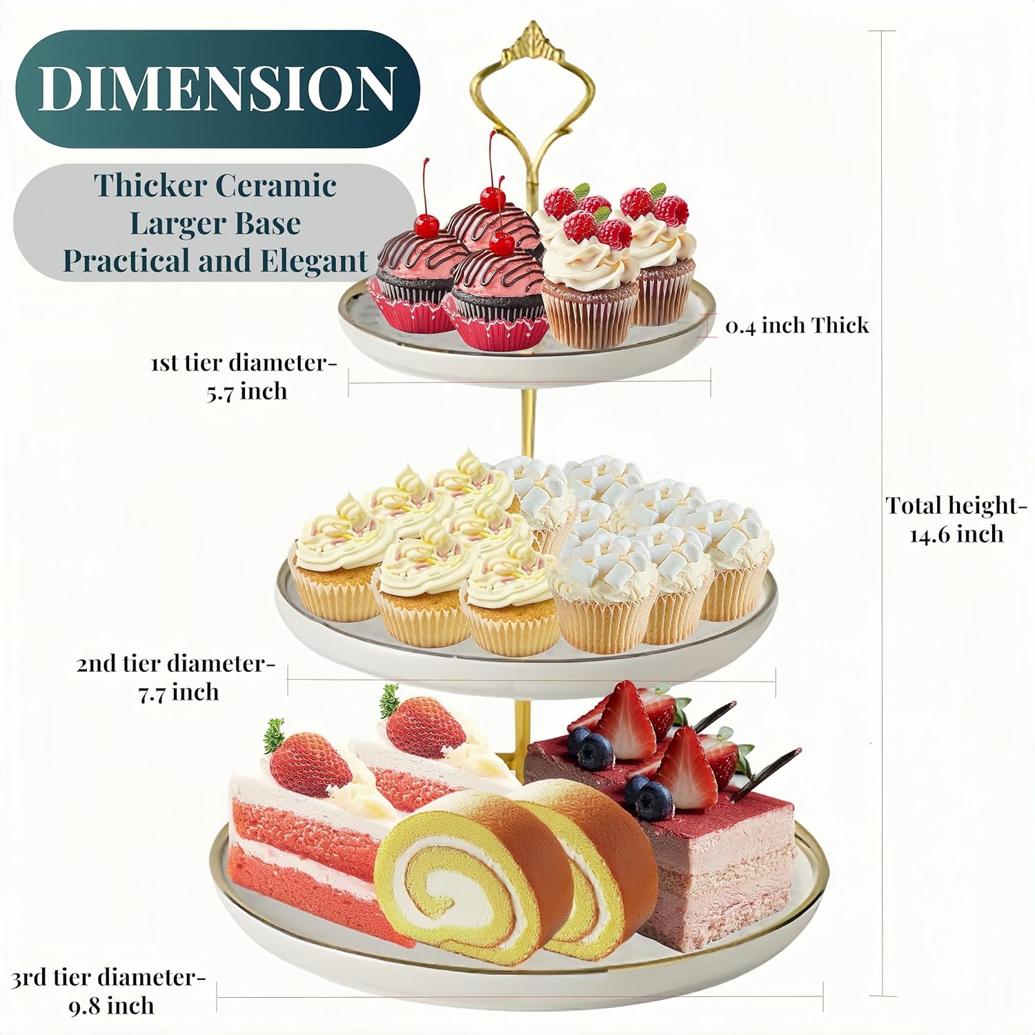 Cupcake Stand, 3 Tier White Ceramic Gilded Border Golden Bracket Luxurious Cup Cake Tower Stands, Tiered Cake Display Holder, Dessert Fruit Candy Tree for Wedding Birthday Tea Party Serving