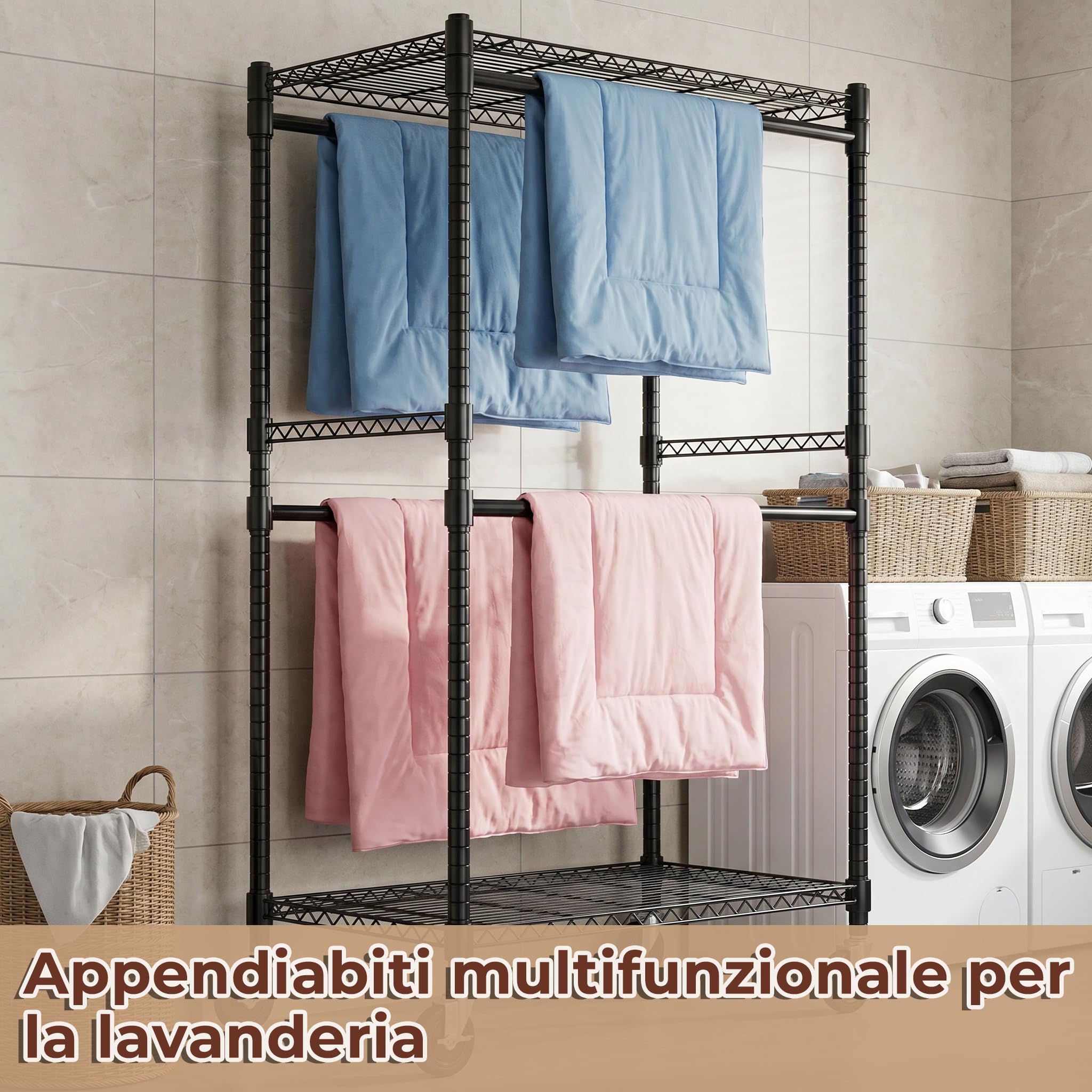 Himimi Appendiabiti con Ruote, 90x52x203 cm, Stand Appendiabiti Doppio con Ripiani Regolabili in Altezza, Appendi Abiti con le Ruote, Carrello Porta Abiti Robusto per Cabina Armadio, Lavanderia, Nero