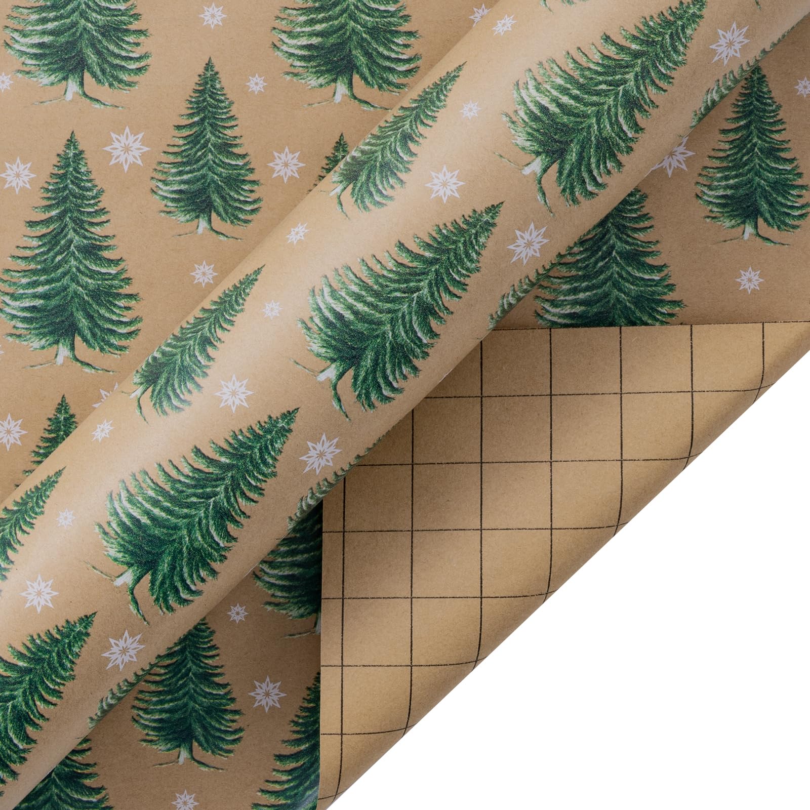 RUSPEPA Carta da regalo natalizia, rotolo di carta kraft, motivo albero di Natale e fiocco di neve, per confezioni regalo festive, 61 cm x 30 m