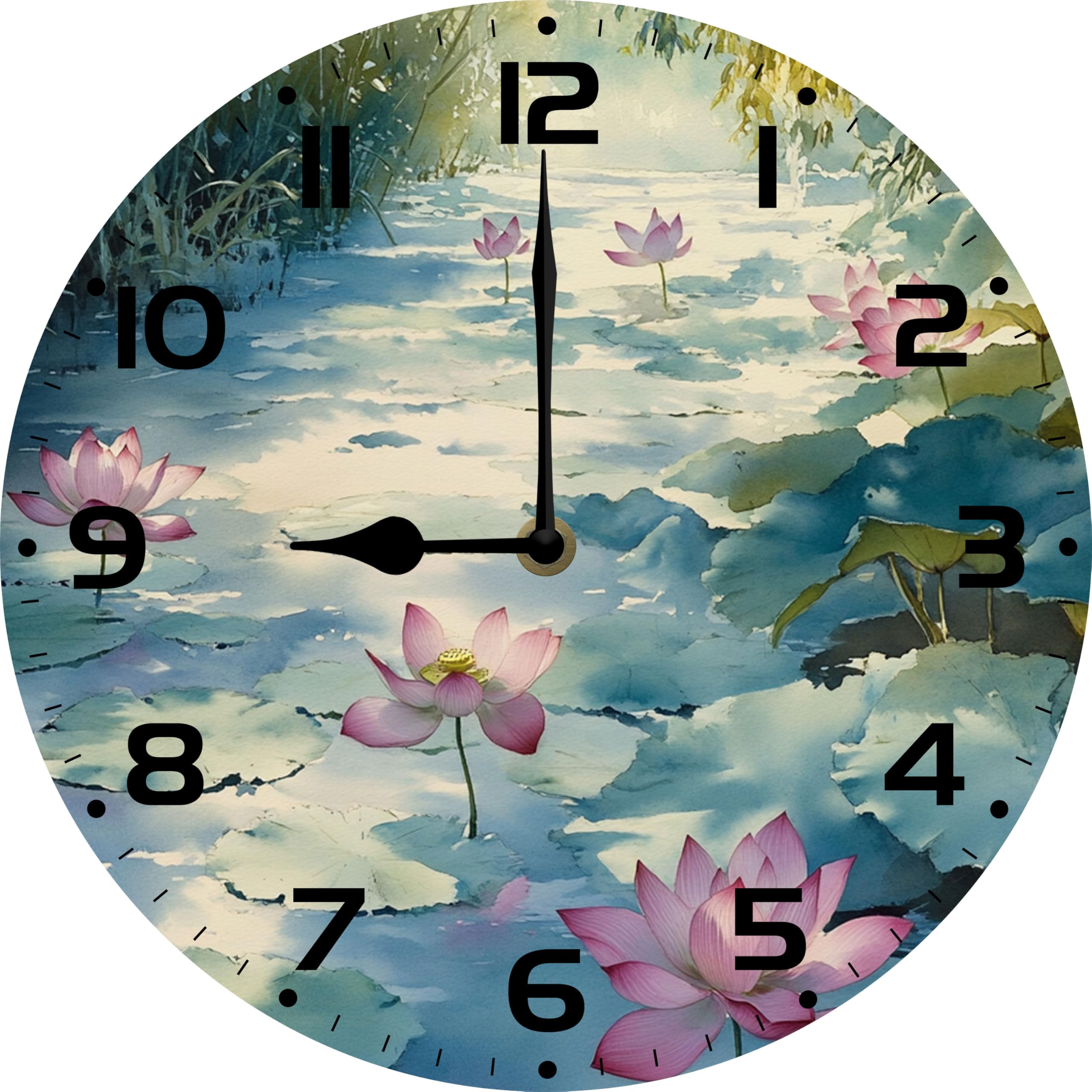 Ensound Lotus Sign Wall Clock Silent Non Ticking Round Clocks Lotus Clocks 12 Inch Battery Operated Quartz Quiet Desk Clock for Home Office