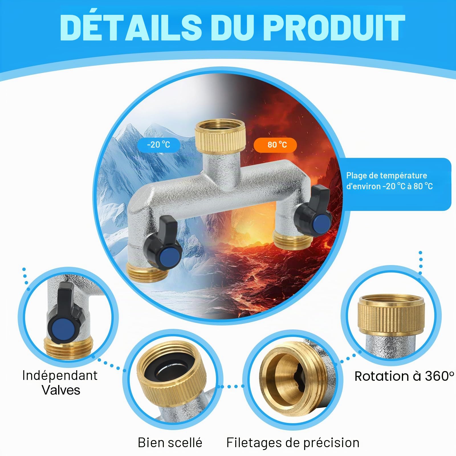 Robinet Distributeur 2 Voies, Adaptateur de Tuyau D'arrosage 3/4, Distributeur D'eau à 2 Voies de avec à Boisseau Sphérique, Vanne 2 Voies Distributeu D'eau Les systèmes d'irrigation